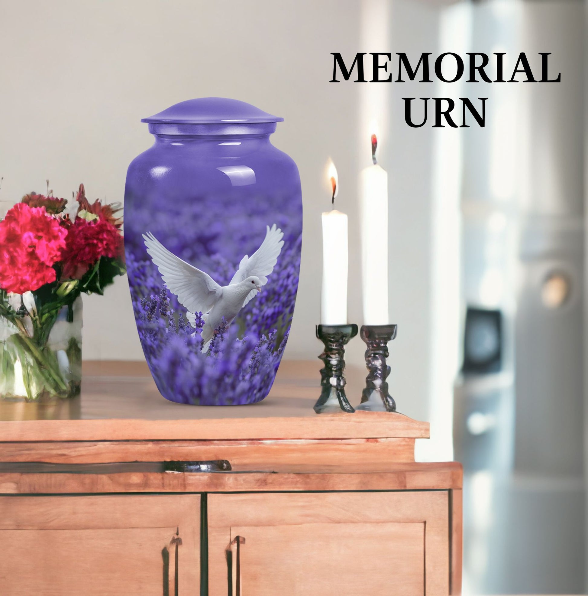 white dove on purple urn with butterfly theme.