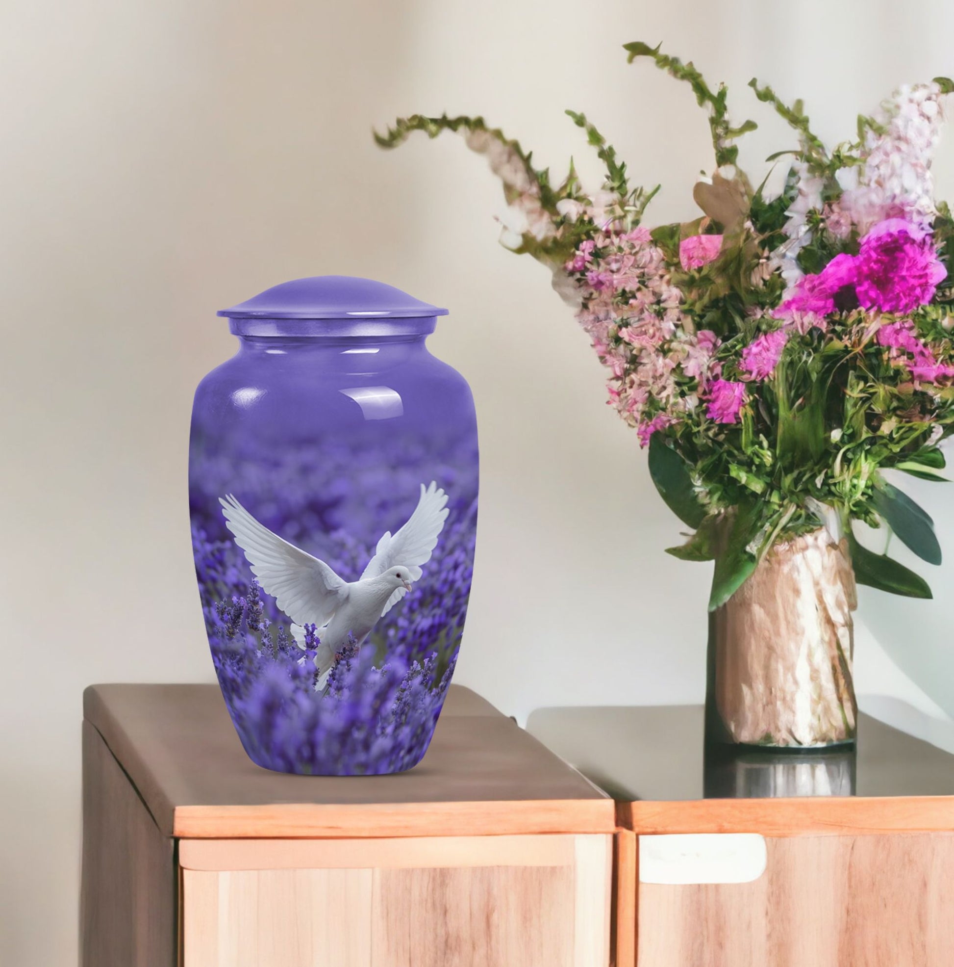 white dove on purple urn with butterfly theme.