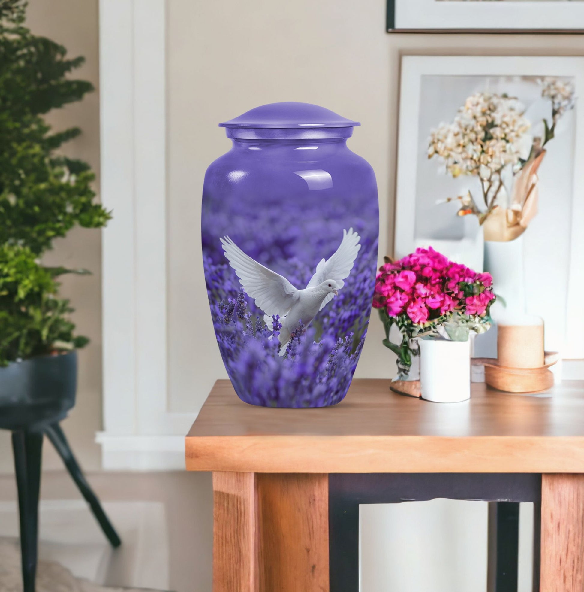 white dove on purple urn with butterfly theme.