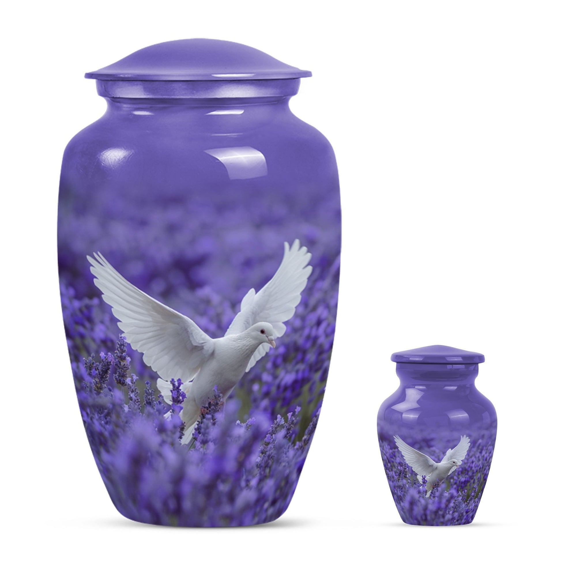 white dove on purple urn with butterfly theme.