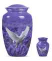 white dove on purple urn with butterfly theme.