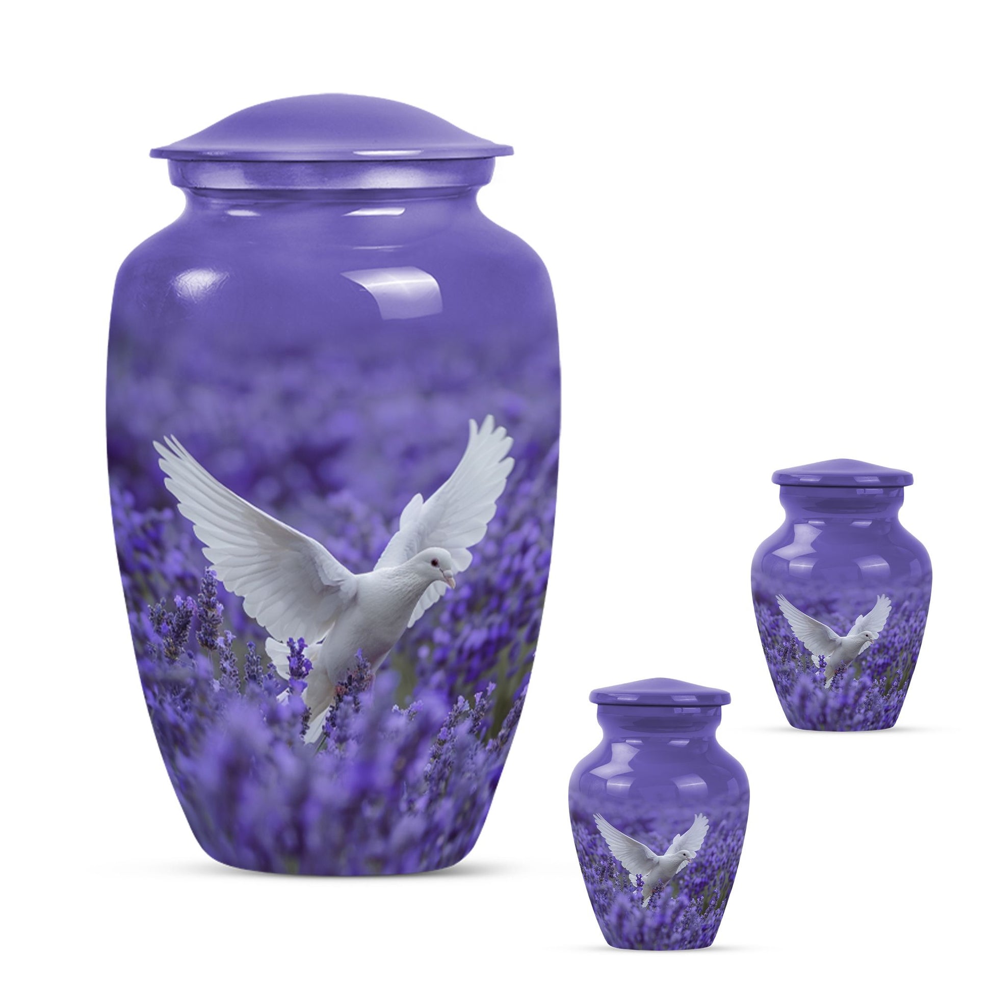 white dove on purple urn with butterfly theme.