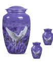 white dove on purple urn with butterfly theme.