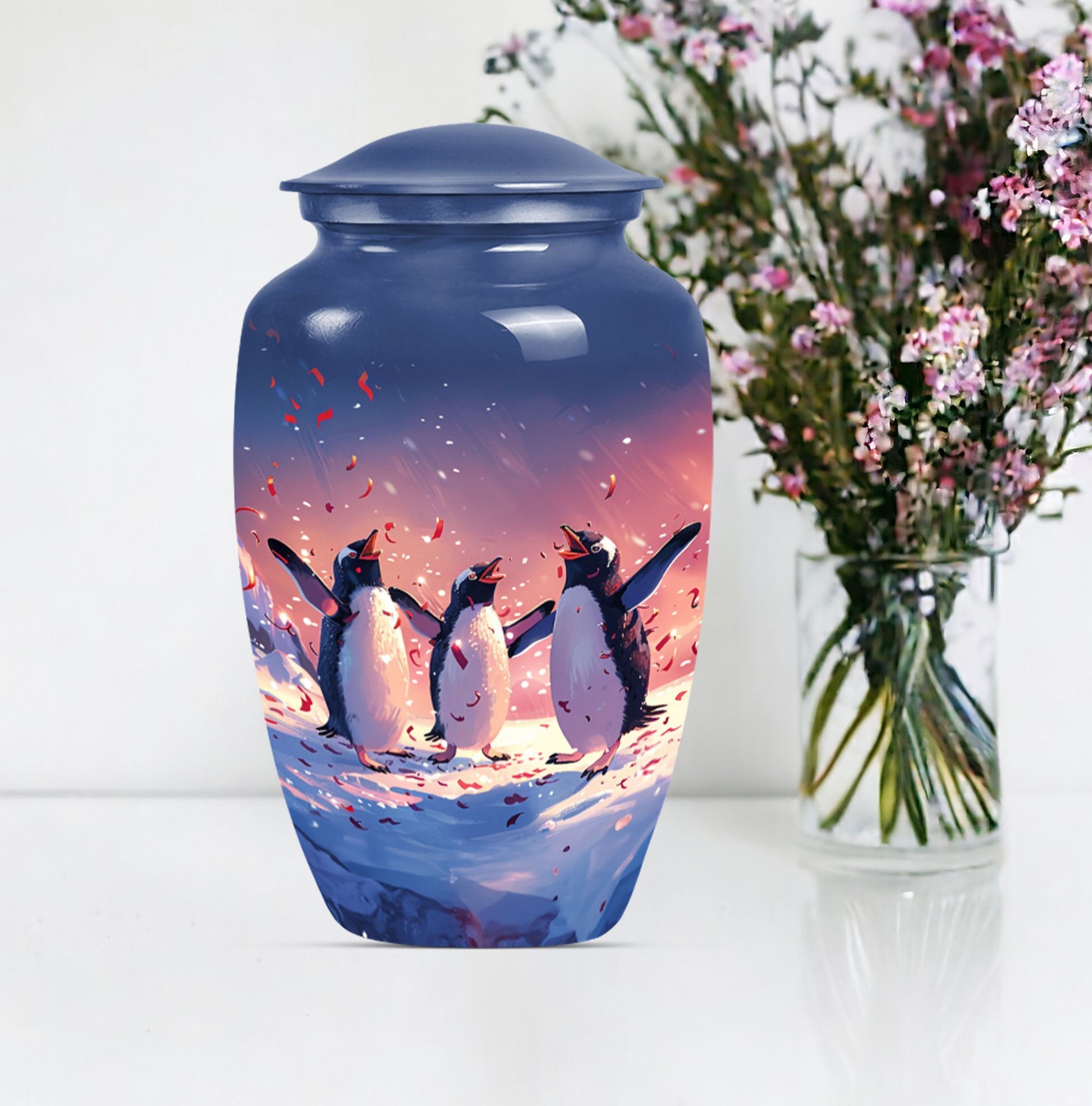 10-inch Penguin Urn with butterfly theme.