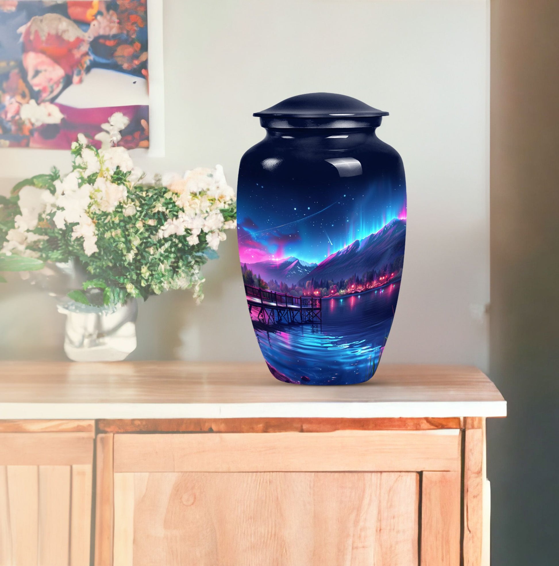 10 inch classic Northern Lights memorial urn for men.