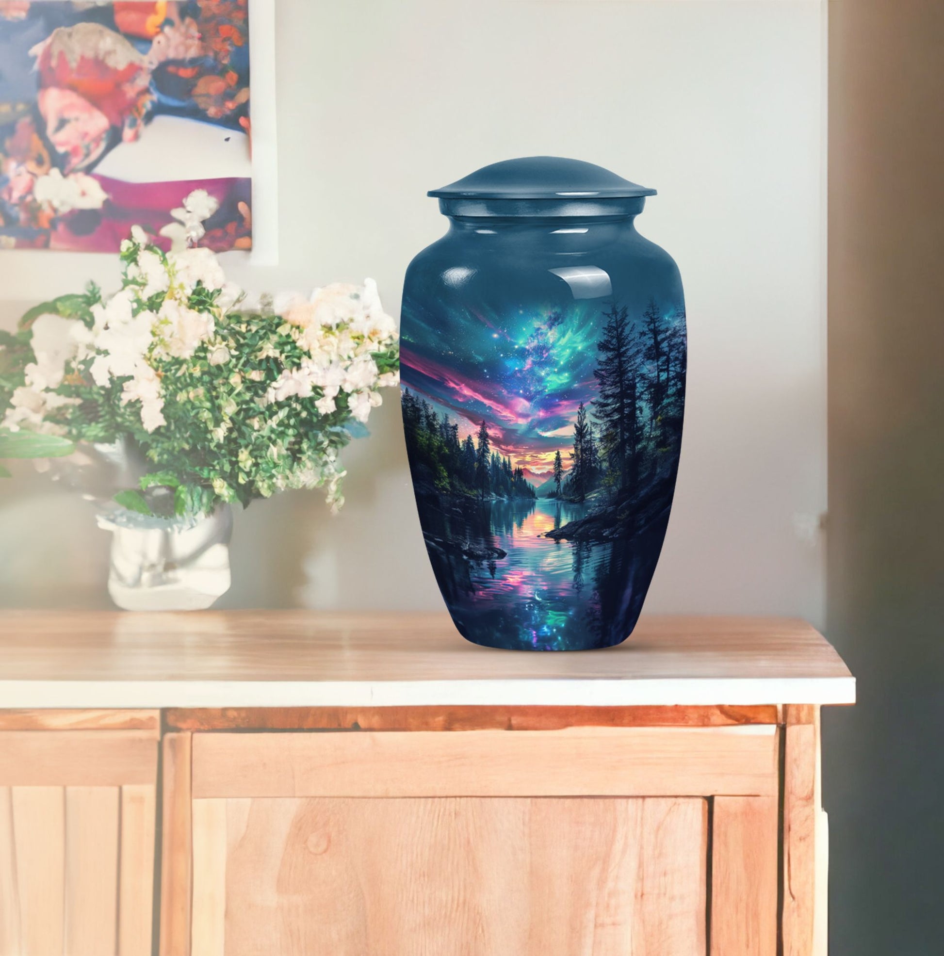  Arora Borealis cremation urn with butterfly theme