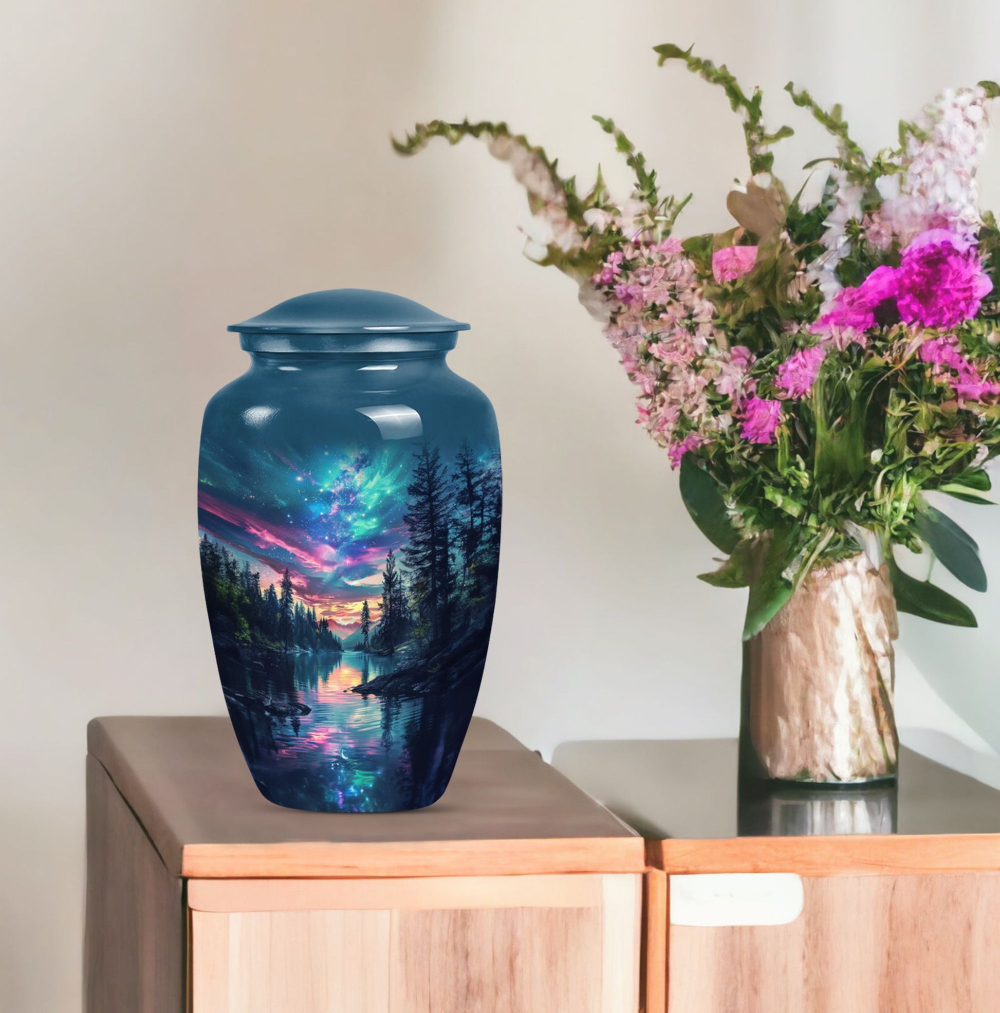  Arora Borealis cremation urn with butterfly theme