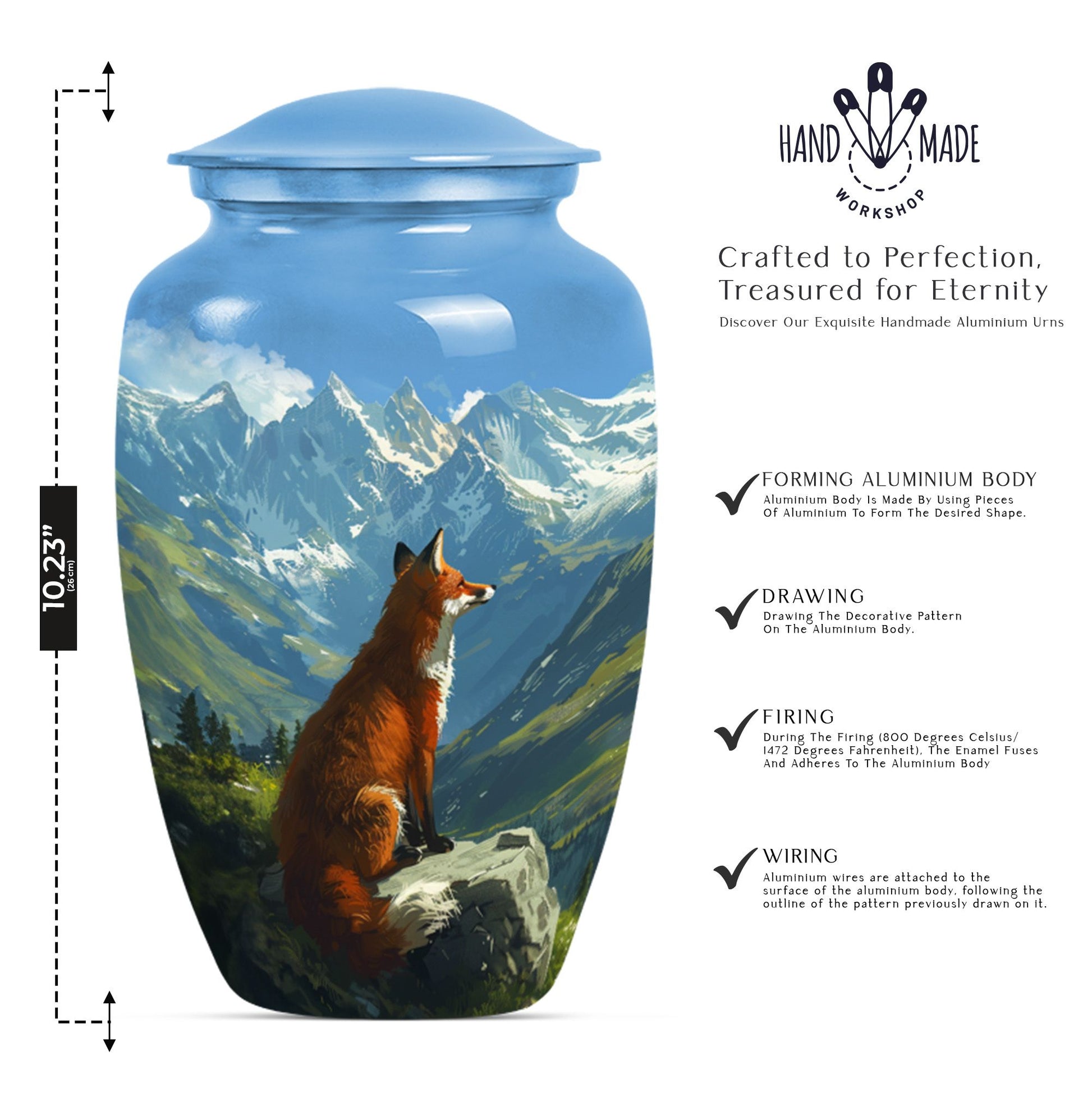 10-inch fox urn with butterfly theme.