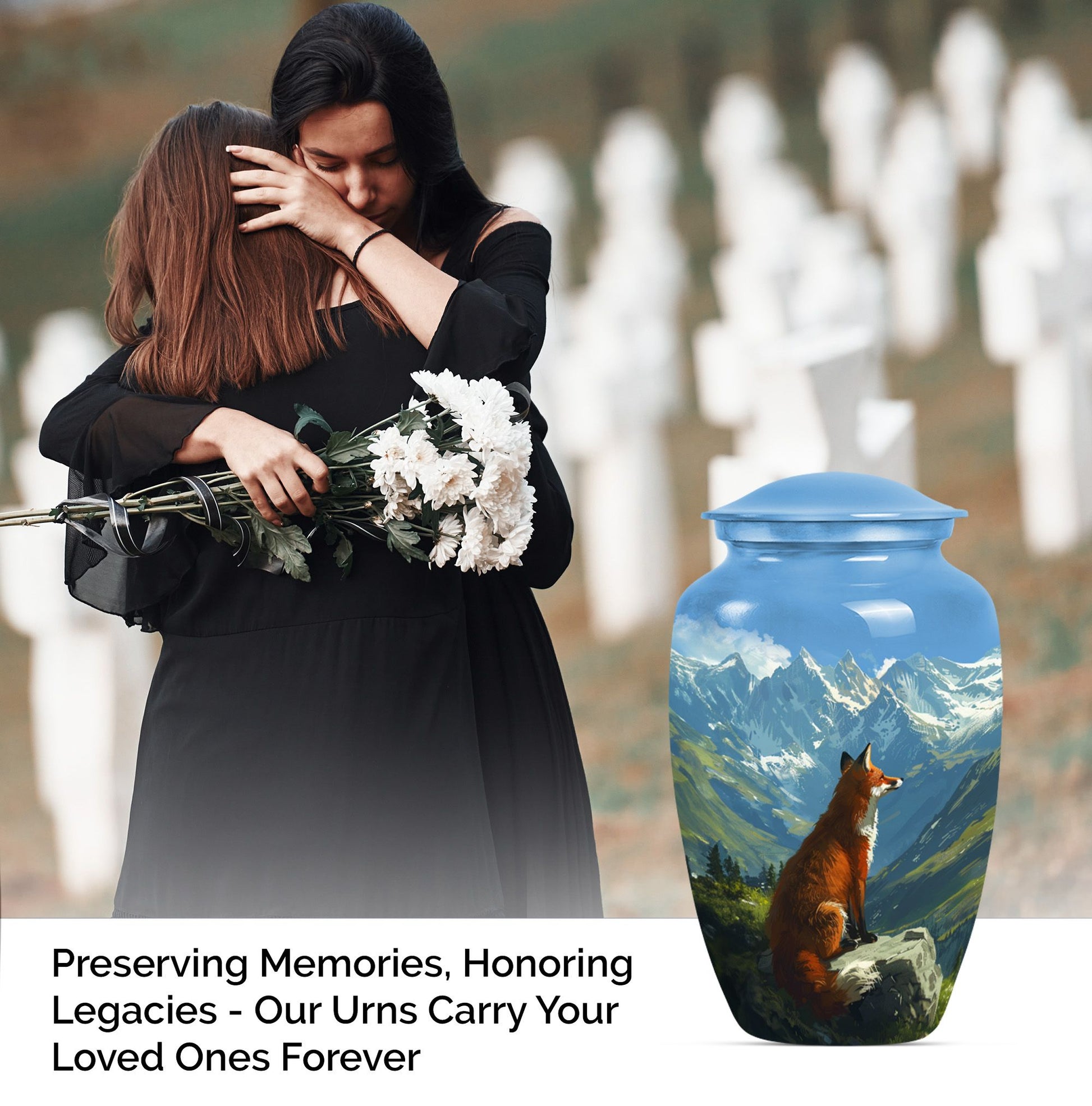 10-inch fox urn with butterfly theme.