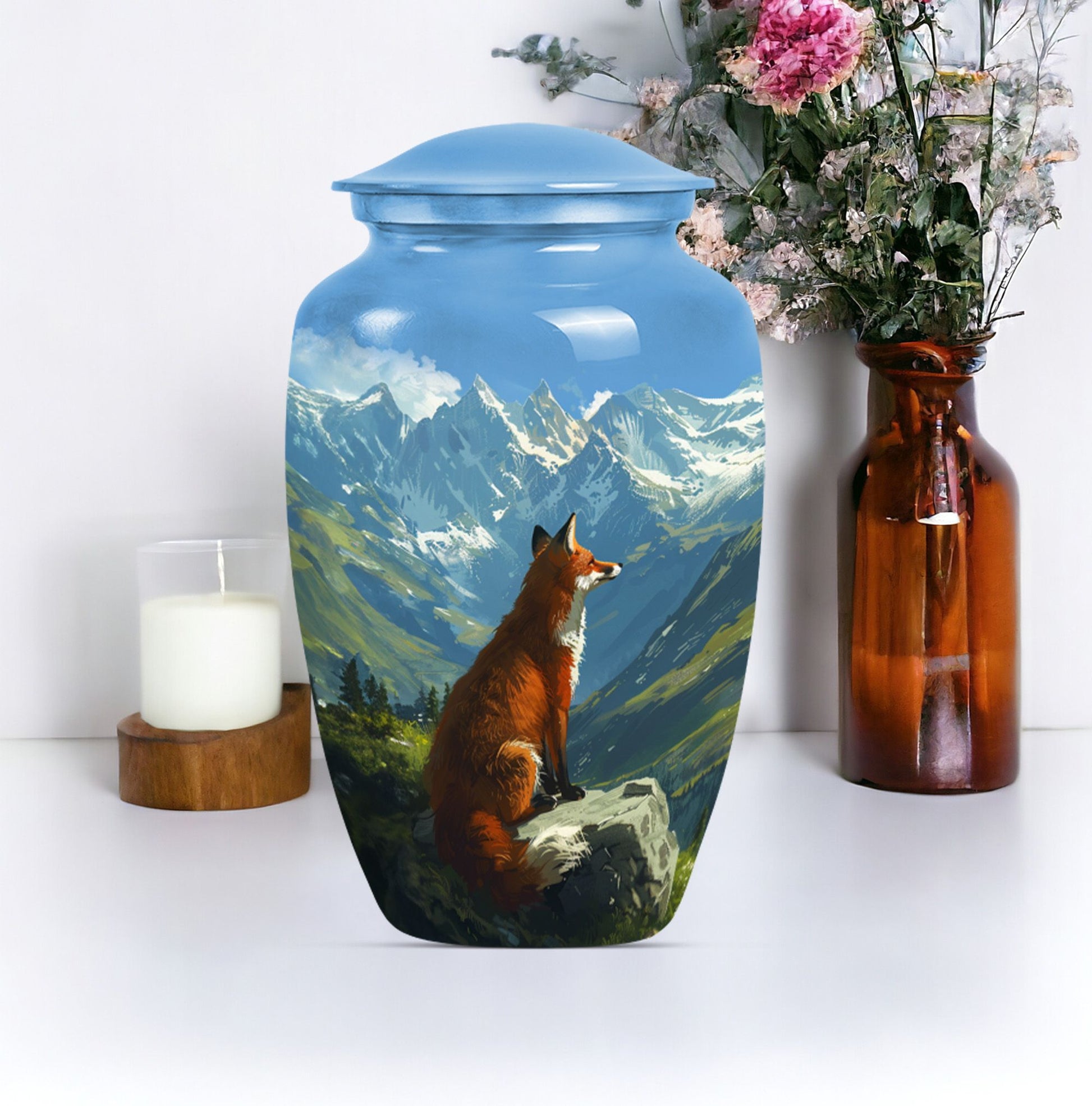 10-inch fox urn with butterfly theme.