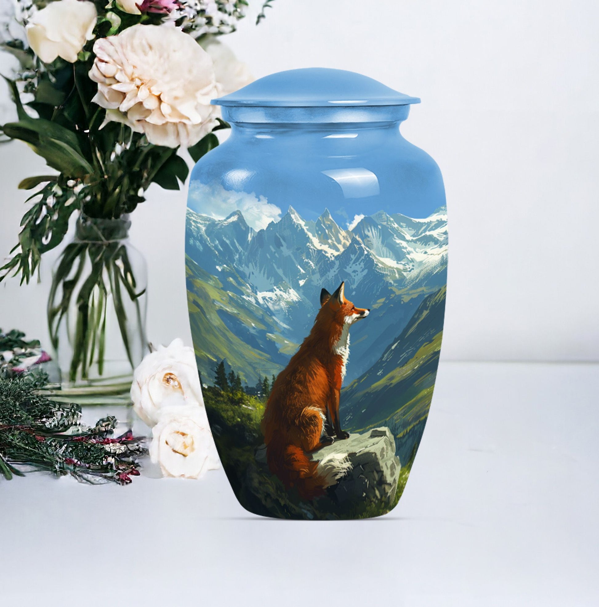 10-inch fox urn with butterfly theme.