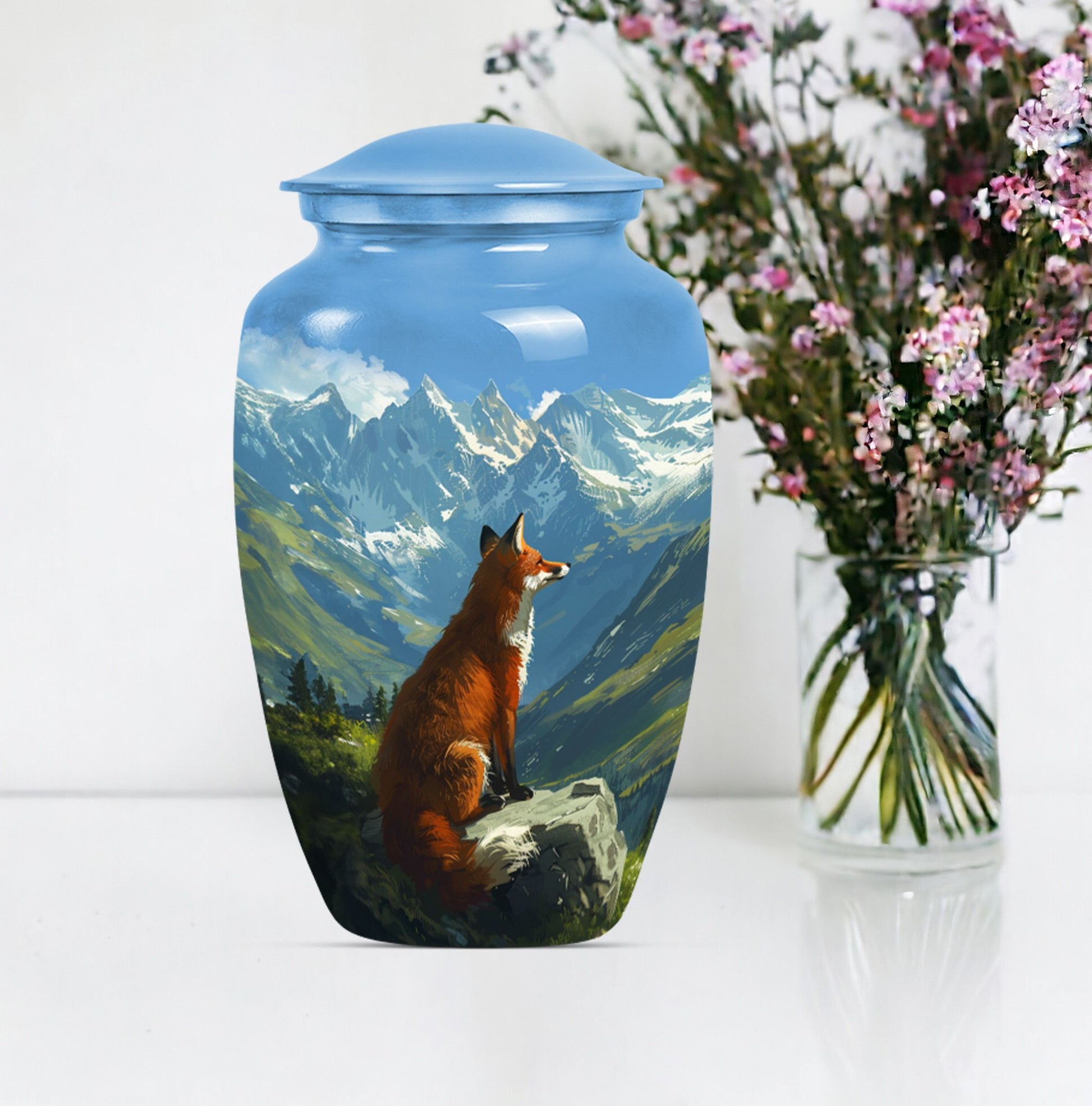 10-inch fox urn with butterfly theme.