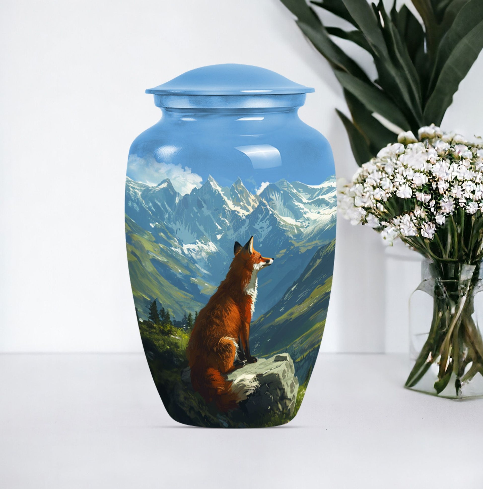 10-inch fox urn with butterfly theme.