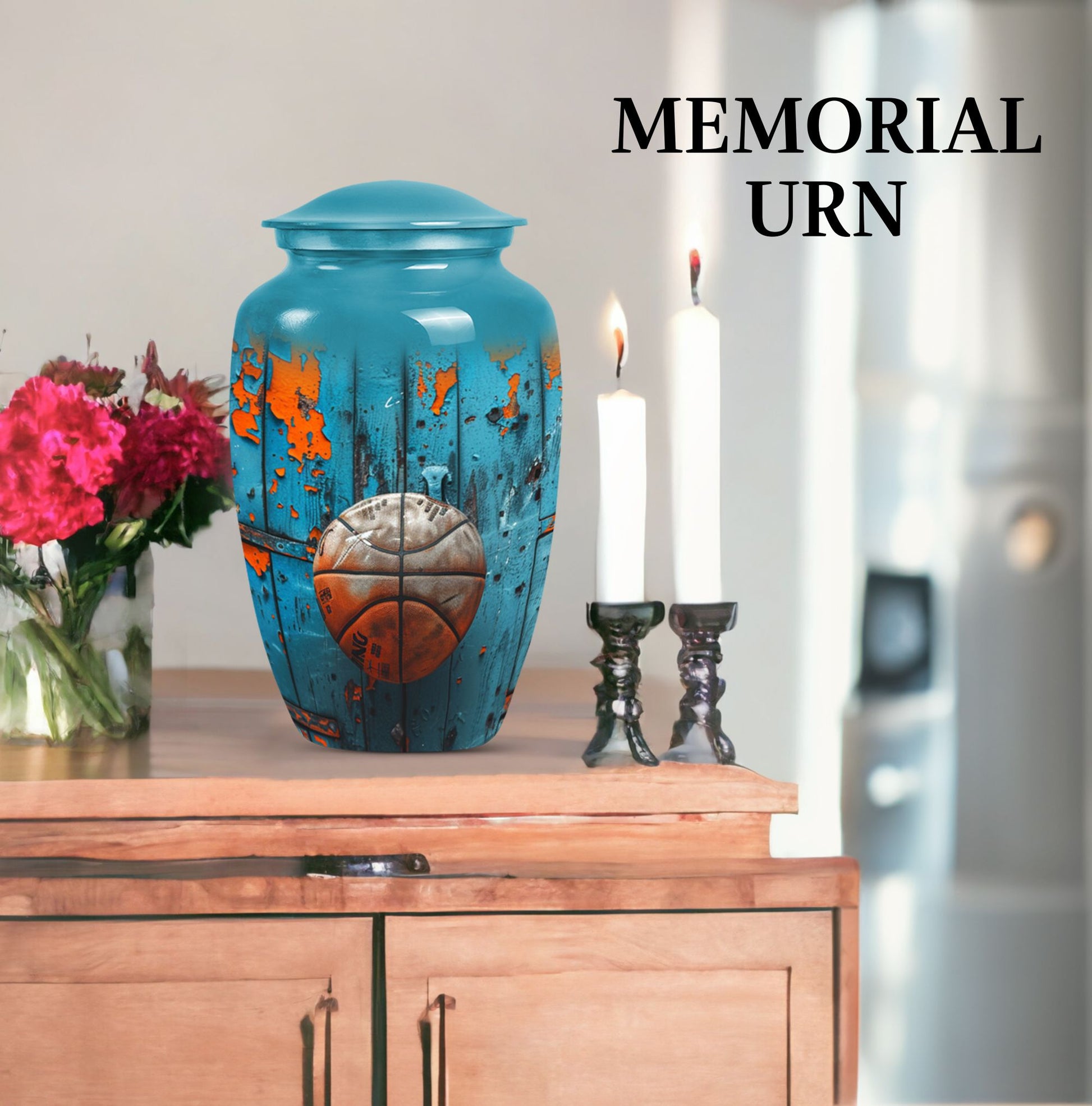 basketball urn with butterfly motif for funeral burial.