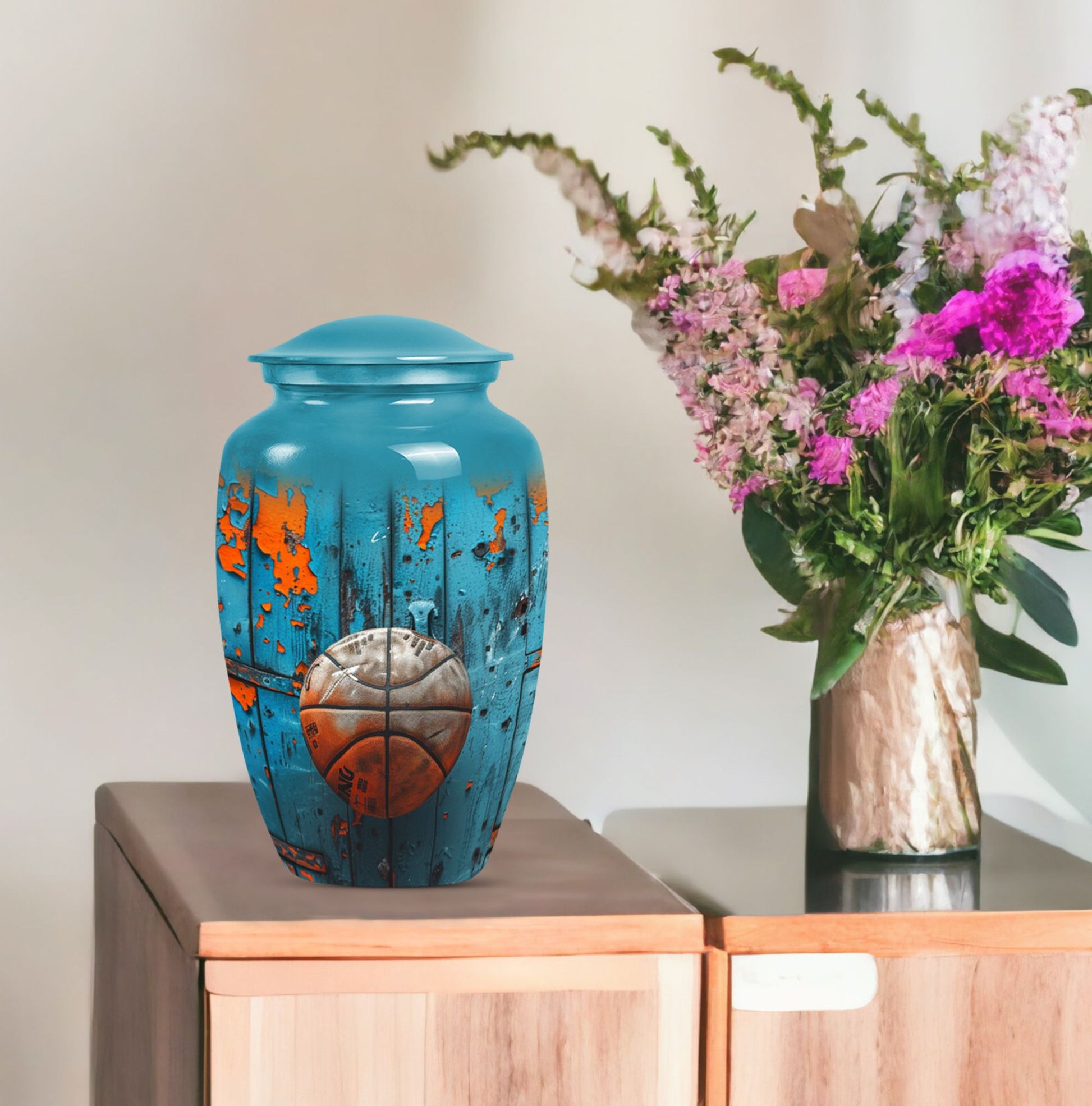 basketball urn with butterfly motif for funeral burial.