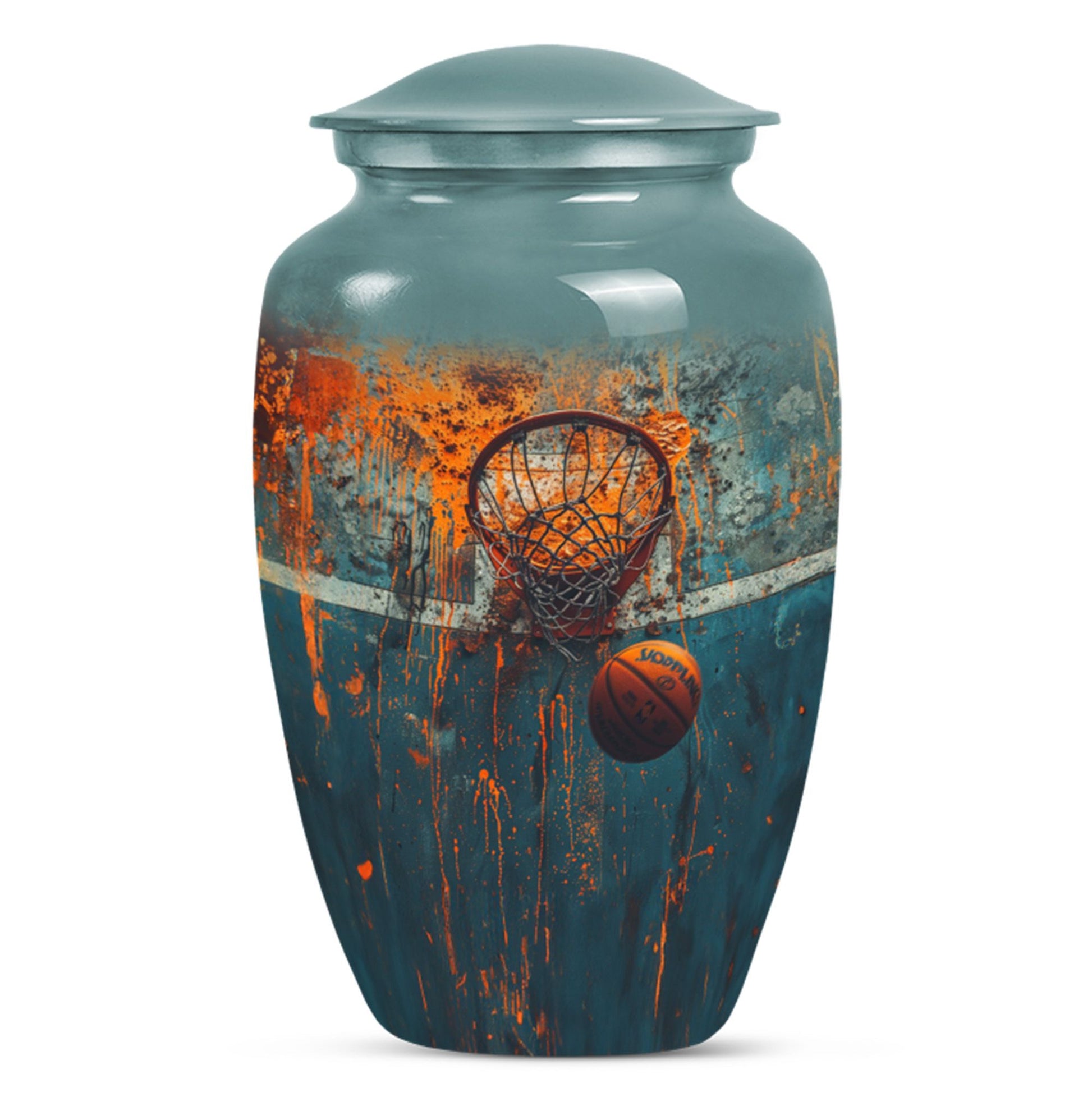 10-inch classic aluminium basketball urn, butterfly-themed.