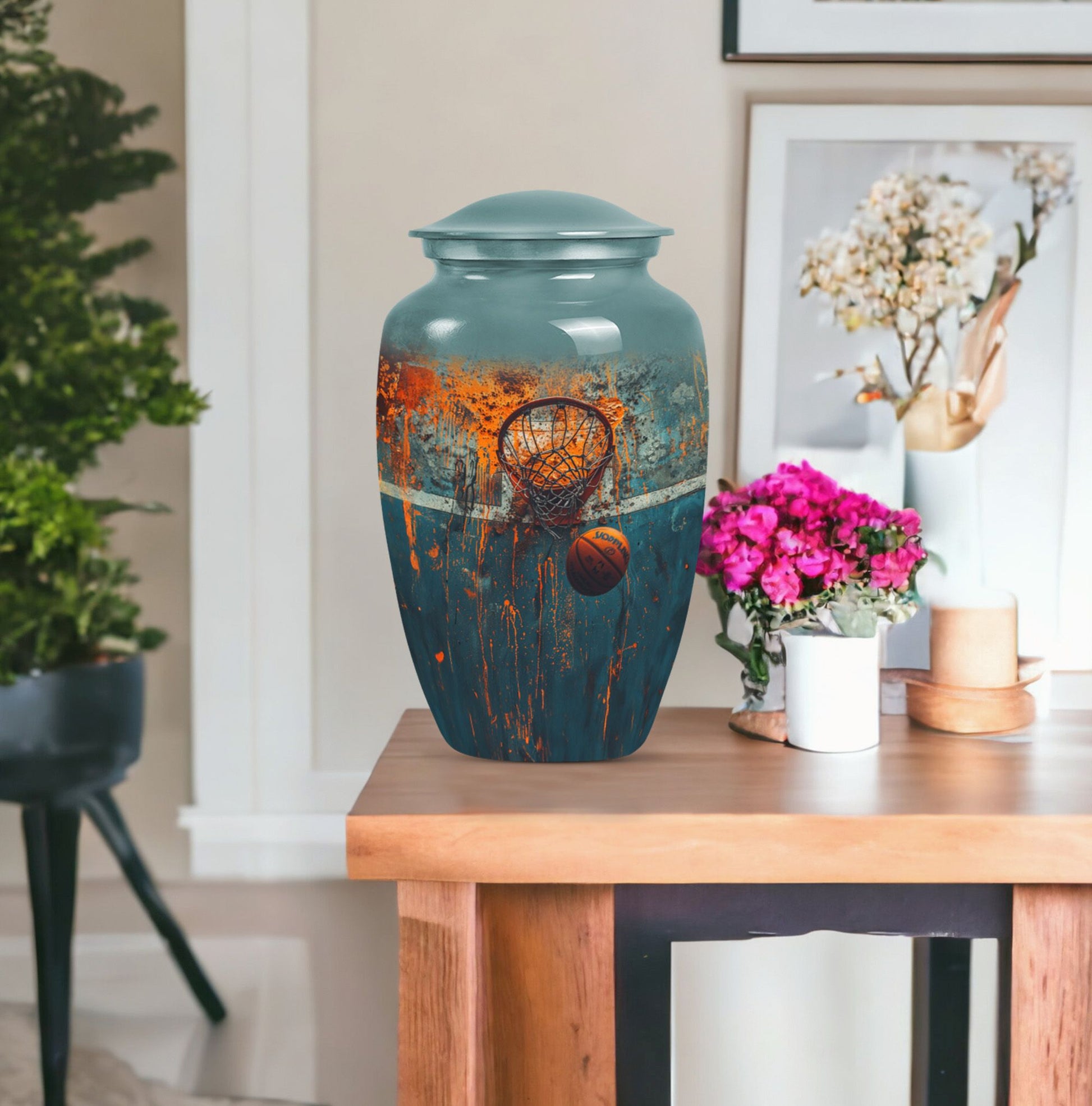 10-inch classic aluminium basketball urn, butterfly-themed.