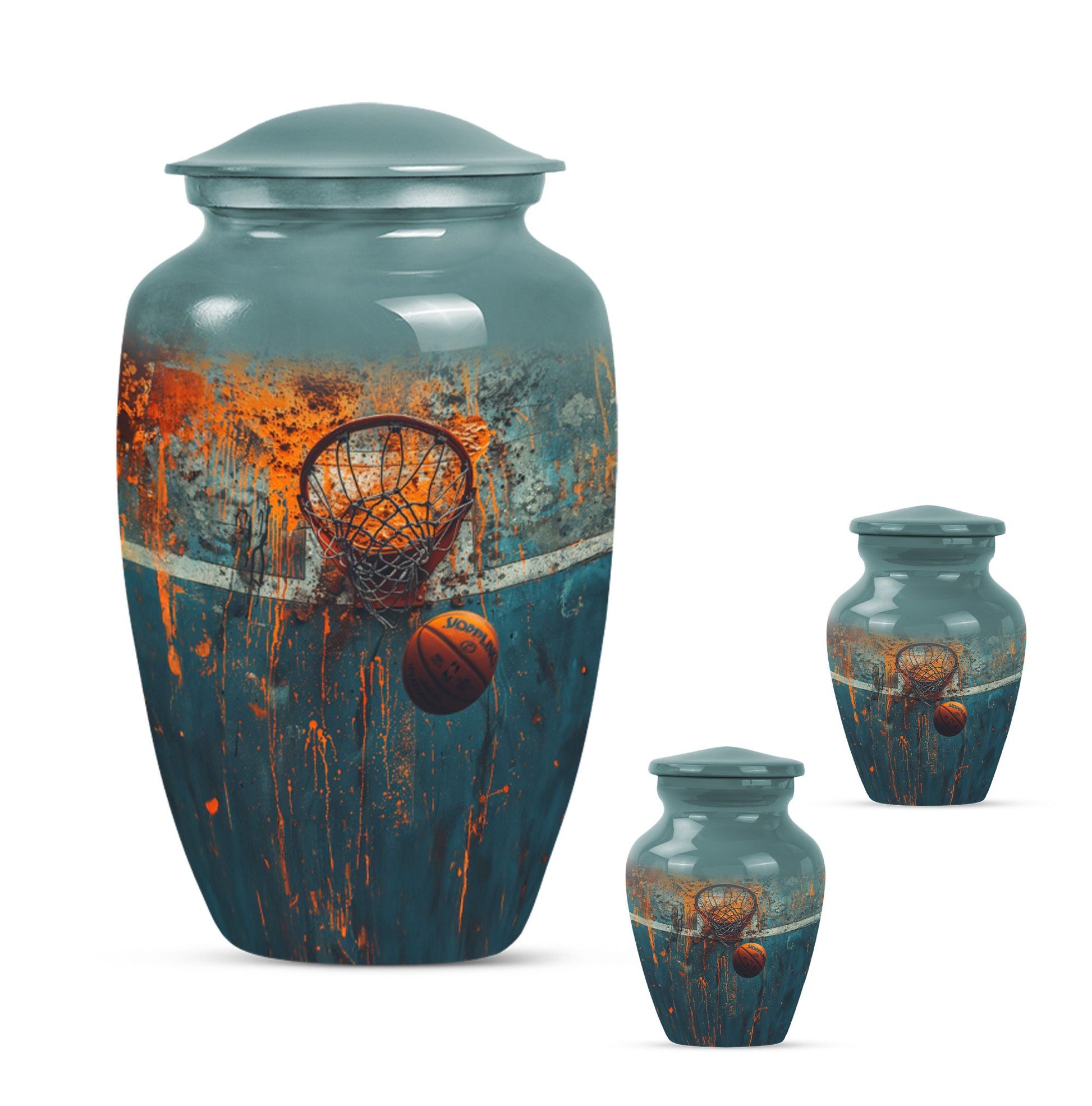 10-inch classic aluminium basketball urn, butterfly-themed.