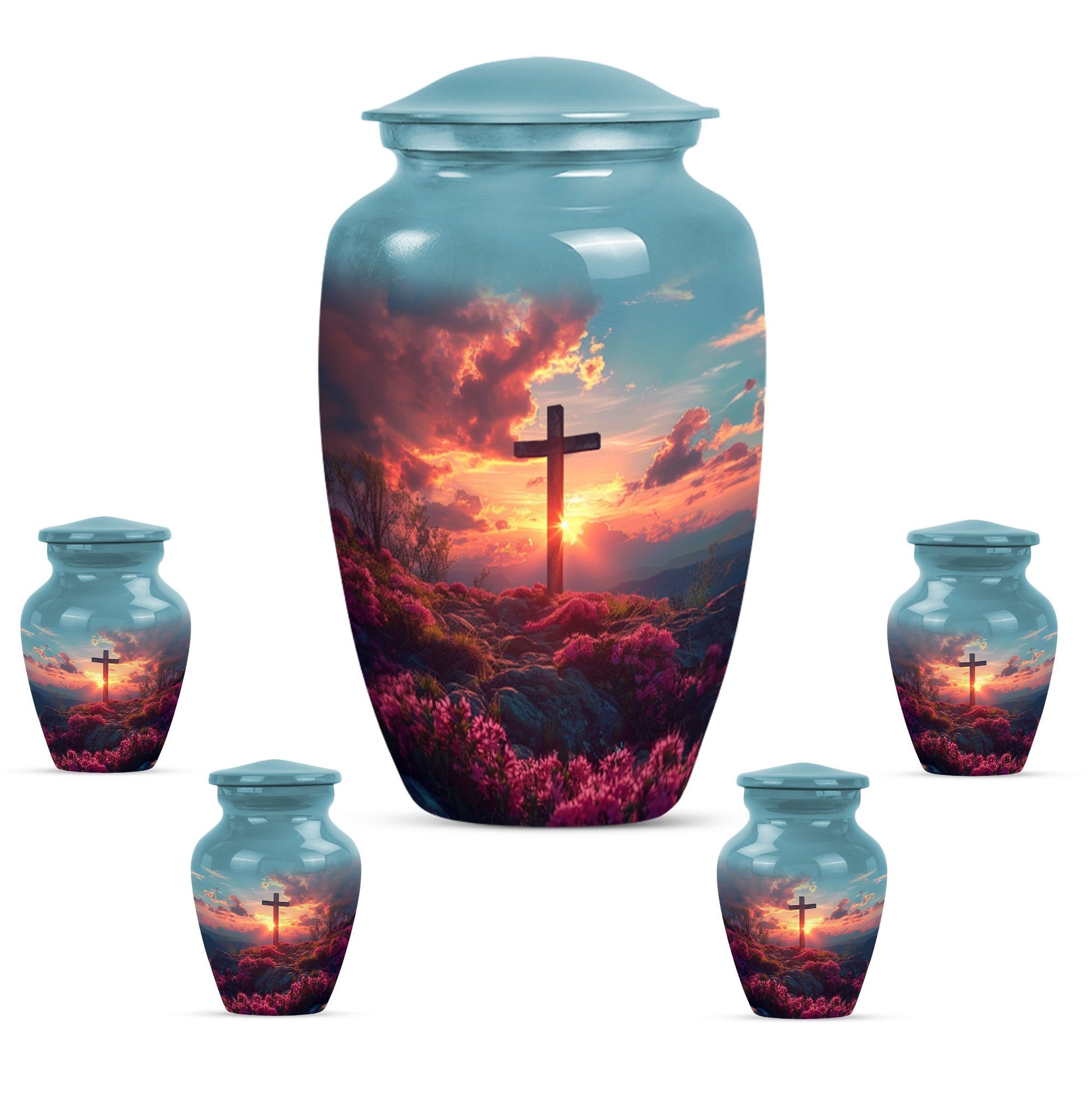 cross urn with Aurora Borealis design for dad's ashes