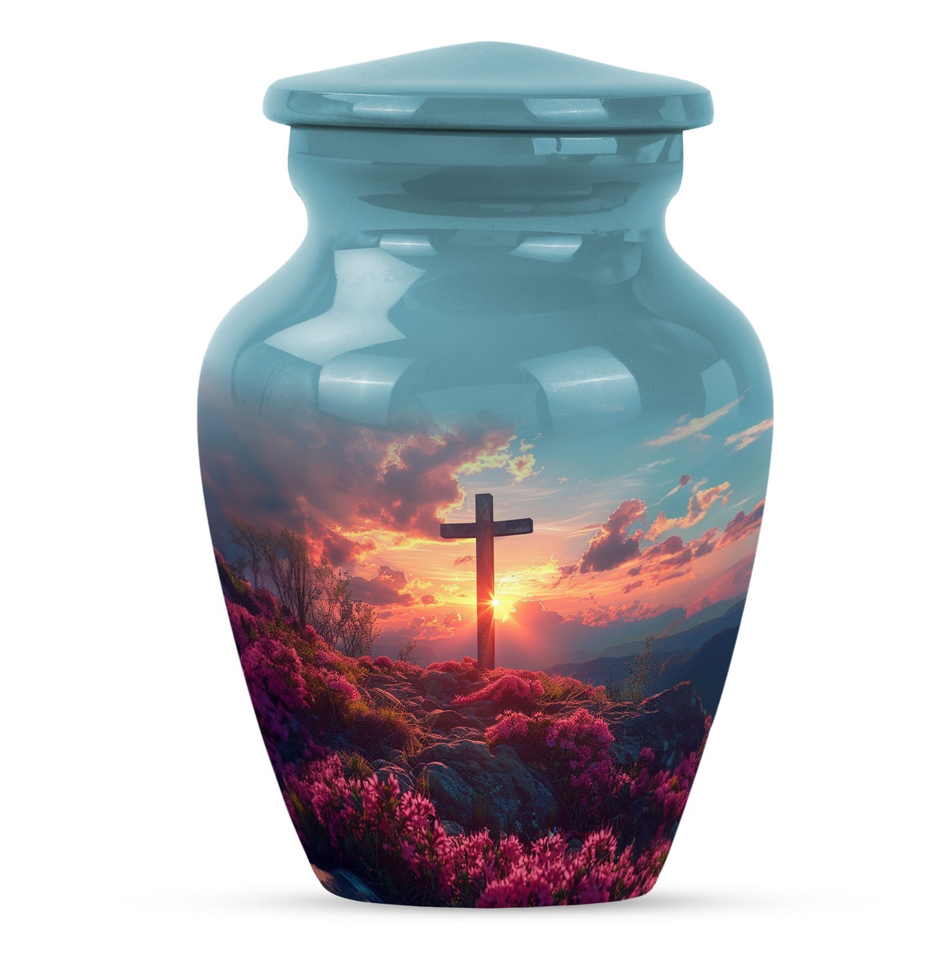 cross urn with Aurora Borealis design for dad's ashes