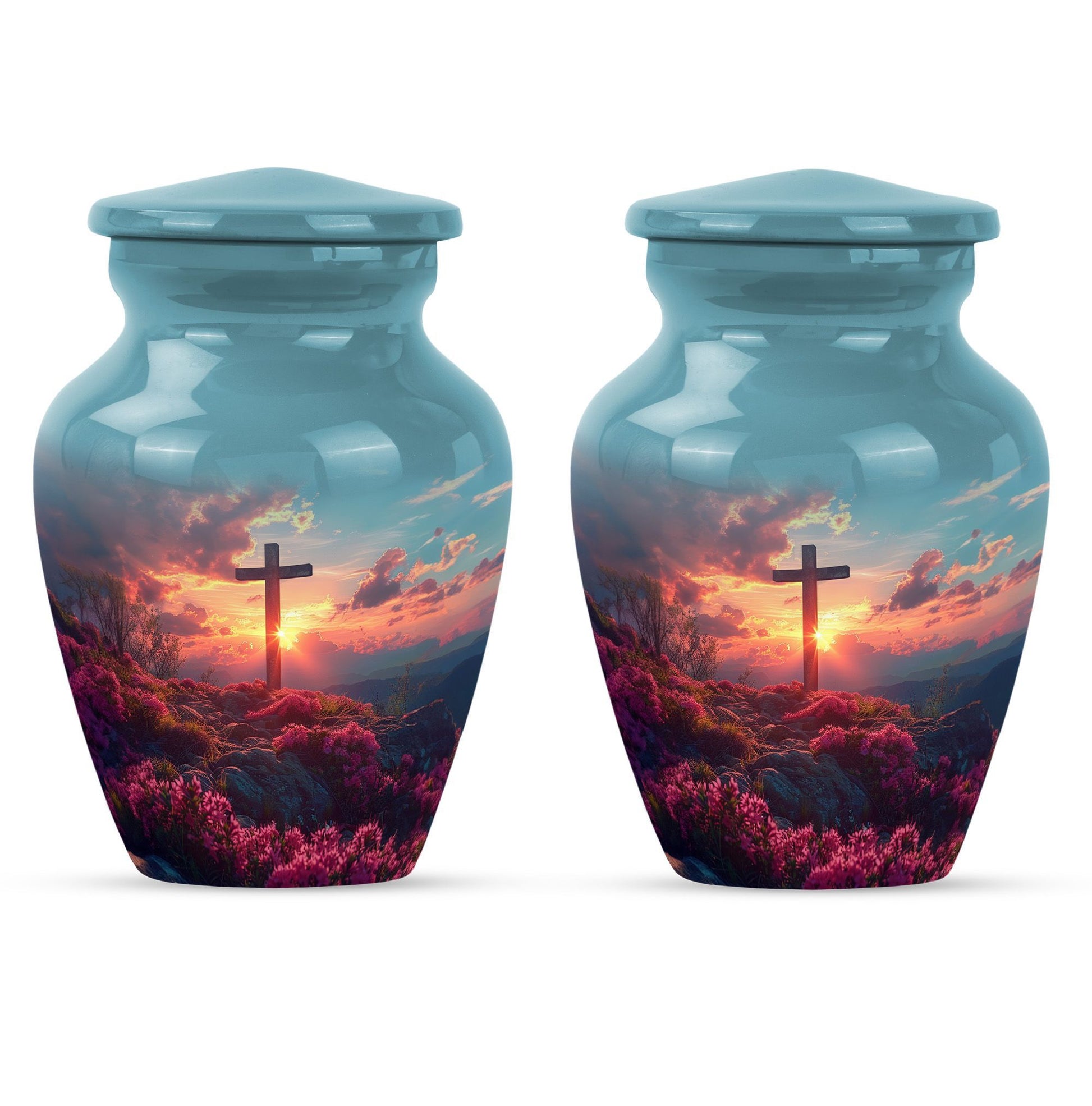 cross urn with Aurora Borealis design for dad's ashes