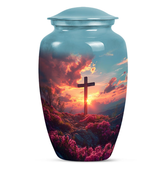 cross urn with Aurora Borealis design for dad's ashes