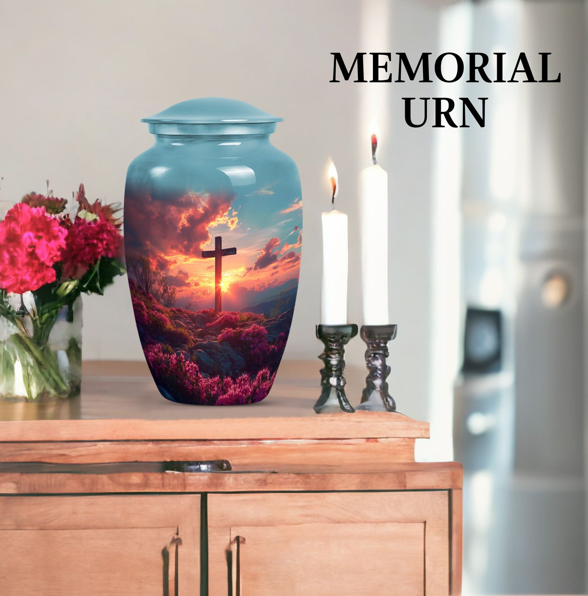 cross urn with Aurora Borealis design for dad's ashes