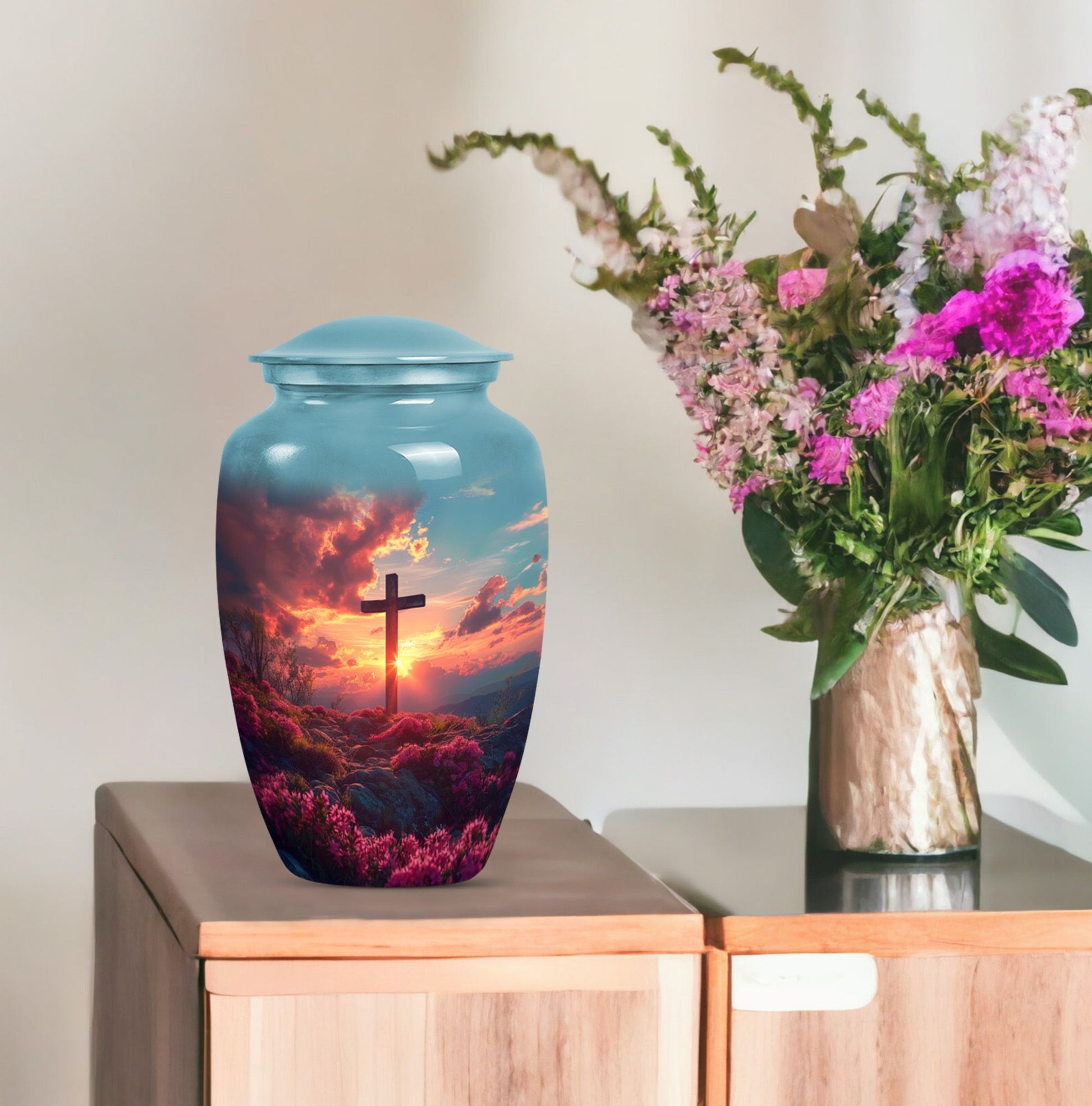 cross urn with Aurora Borealis design for dad's ashes