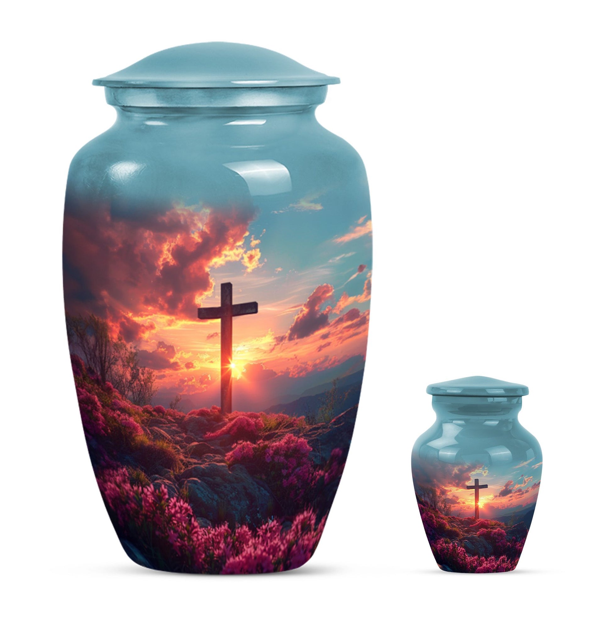 cross urn with Aurora Borealis design for dad's ashes