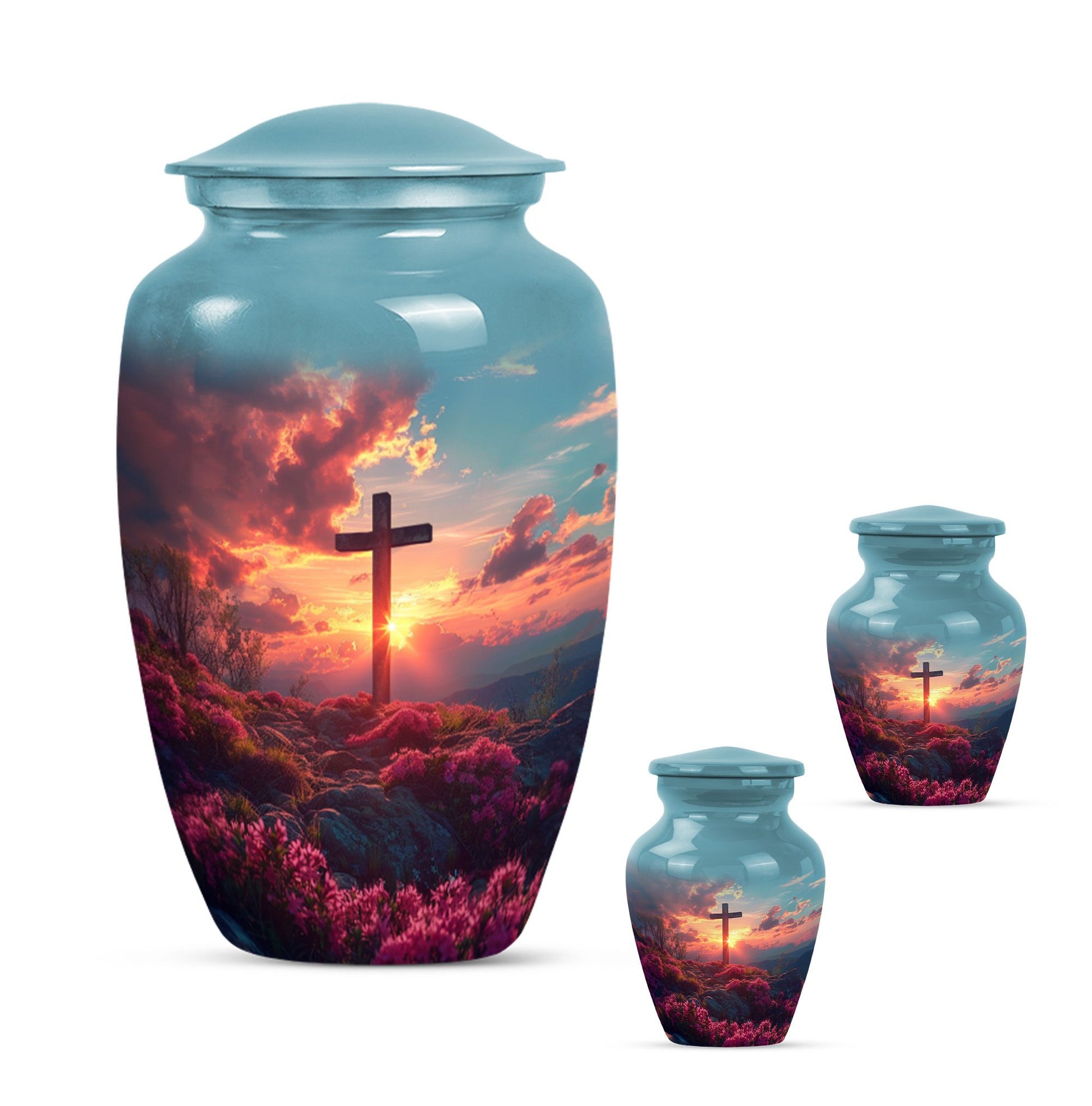 cross urn with Aurora Borealis design for dad's ashes