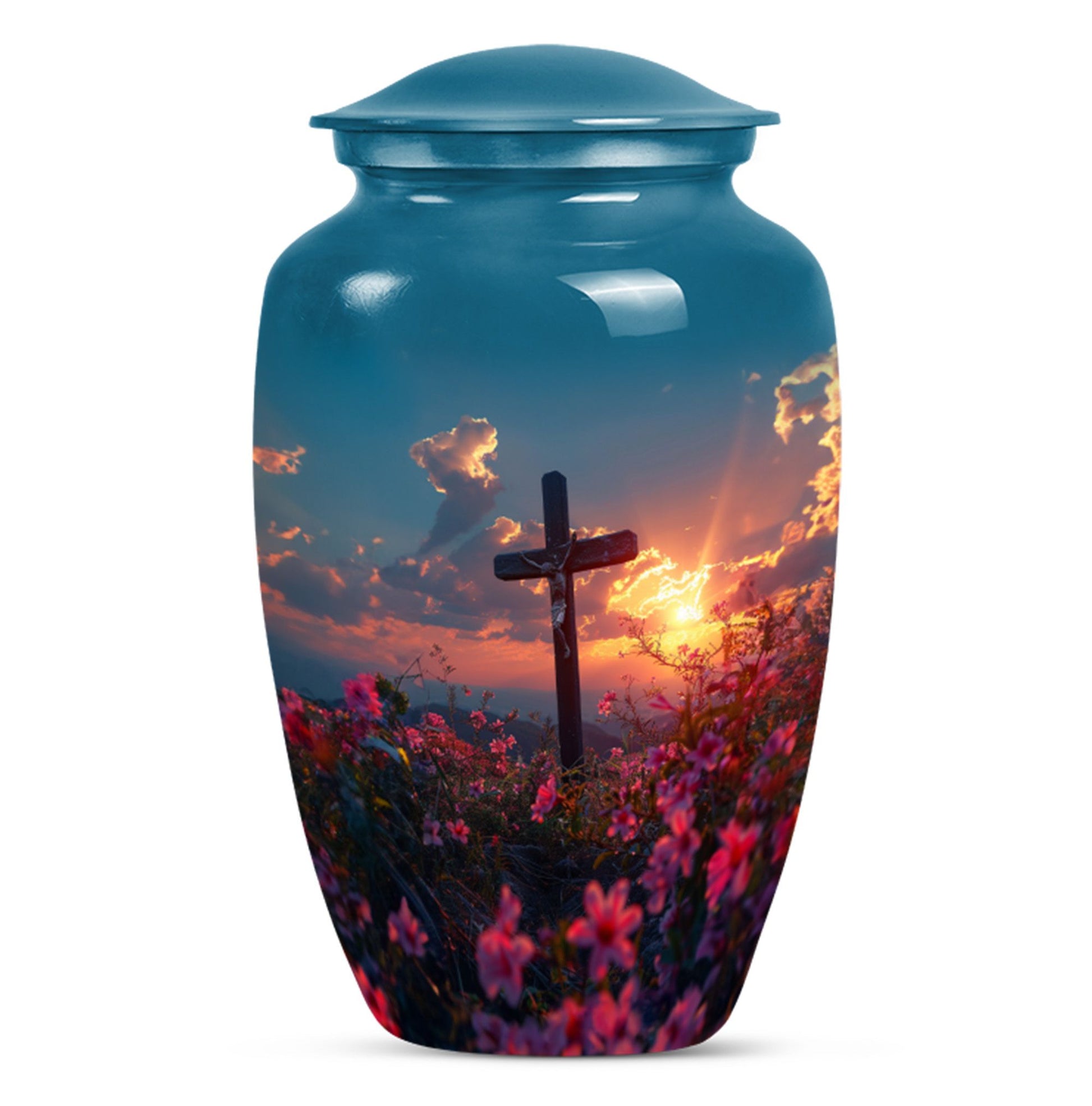 10-inch aluminium cross Urn with Aurora Borealis theme, 