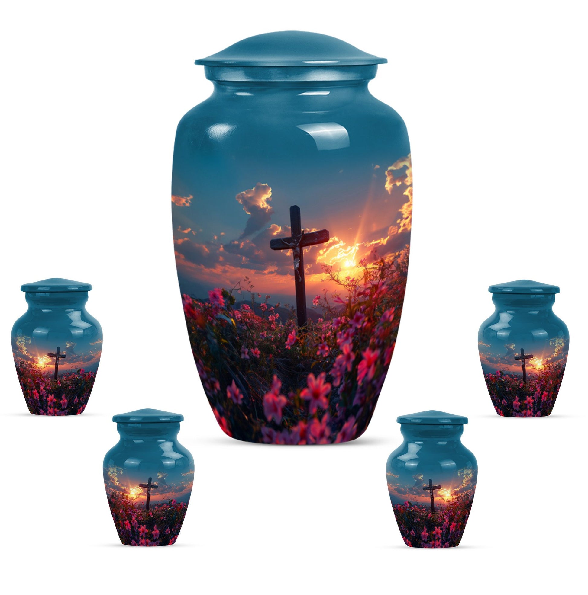 10-inch aluminium cross Urn with Aurora Borealis theme, 