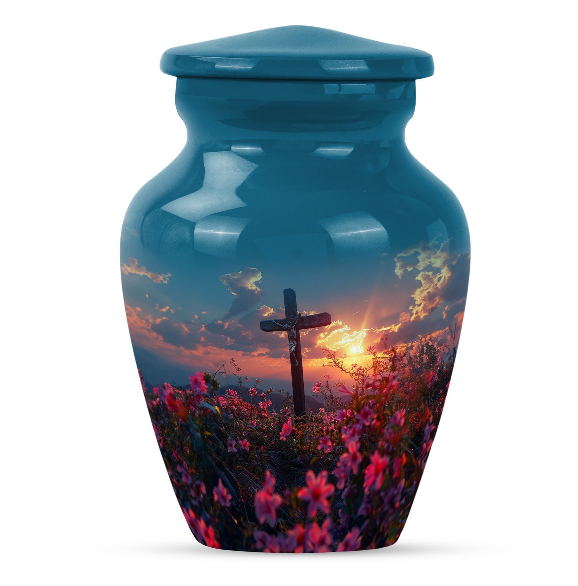 10-inch aluminium cross Urn with Aurora Borealis theme, 