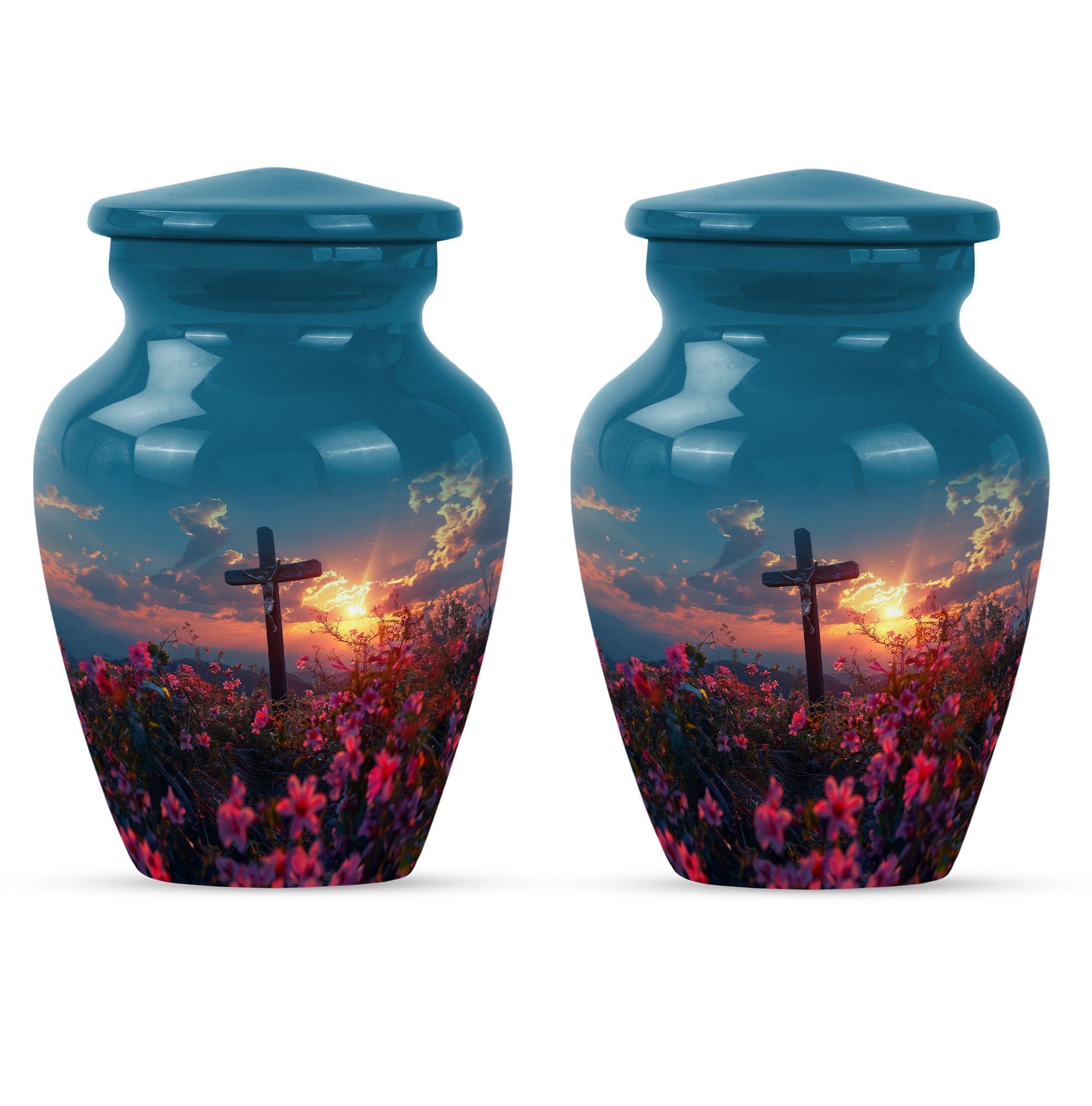 10-inch aluminium cross Urn with Aurora Borealis theme, 