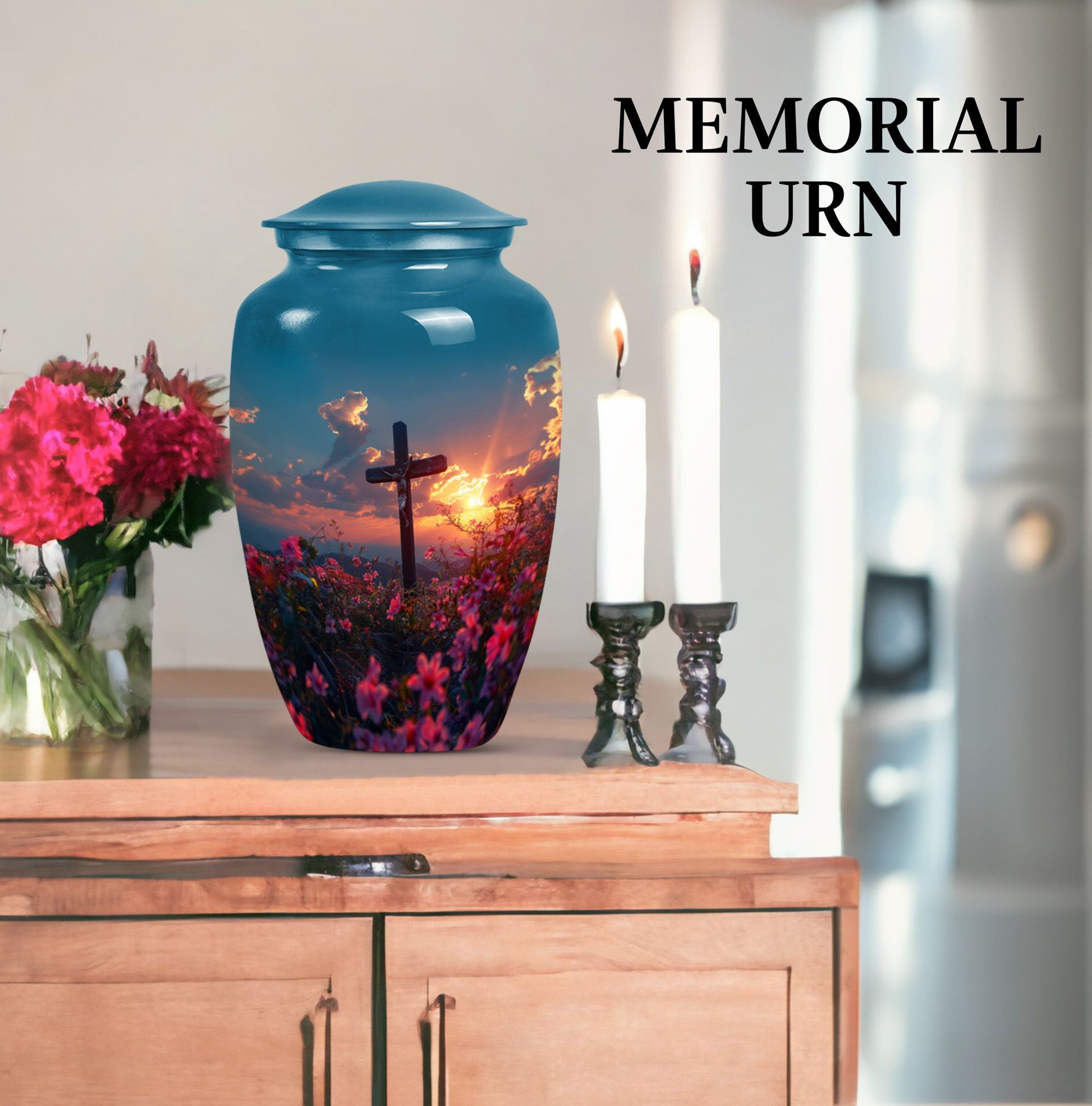 10-inch aluminium cross Urn with Aurora Borealis theme, 