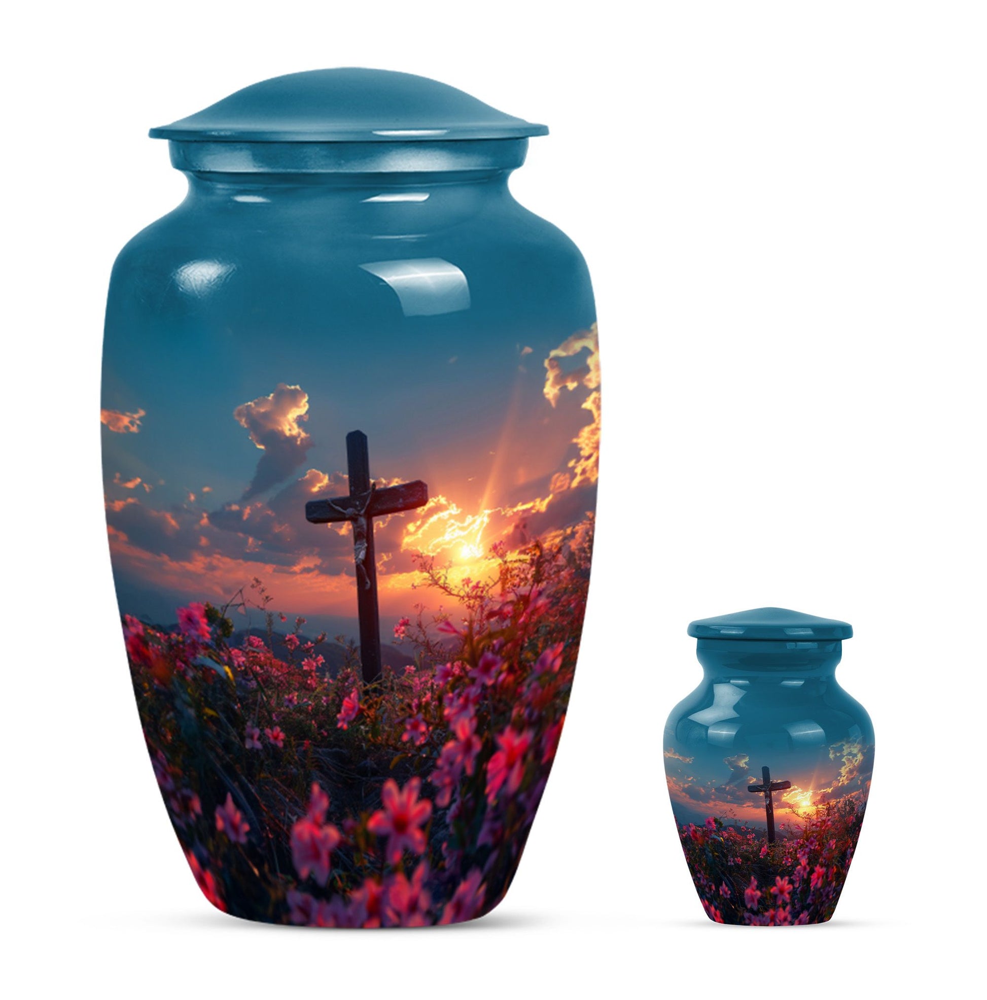 10-inch aluminium cross Urn with Aurora Borealis theme, 