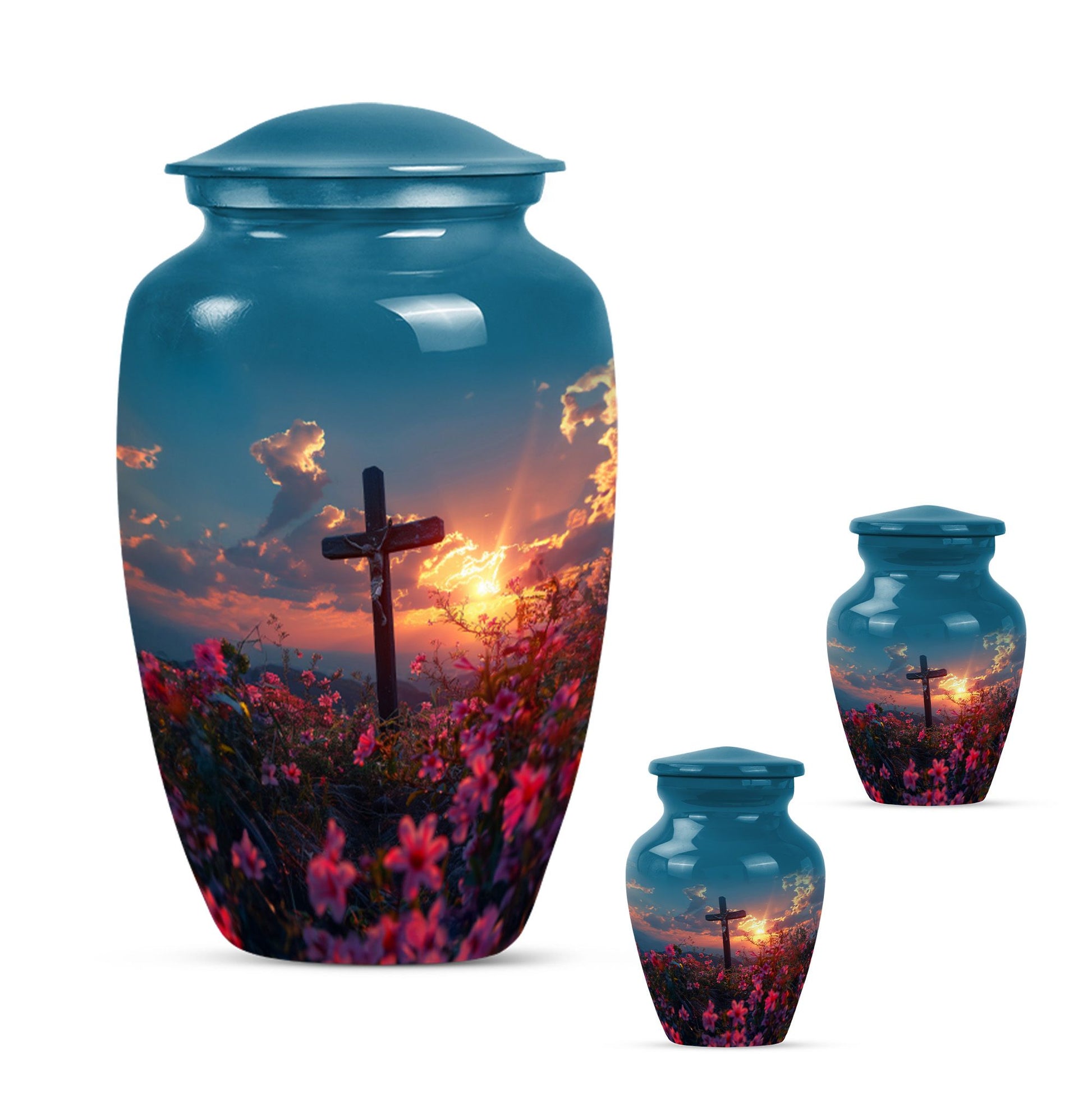 10-inch aluminium cross Urn with Aurora Borealis theme, 