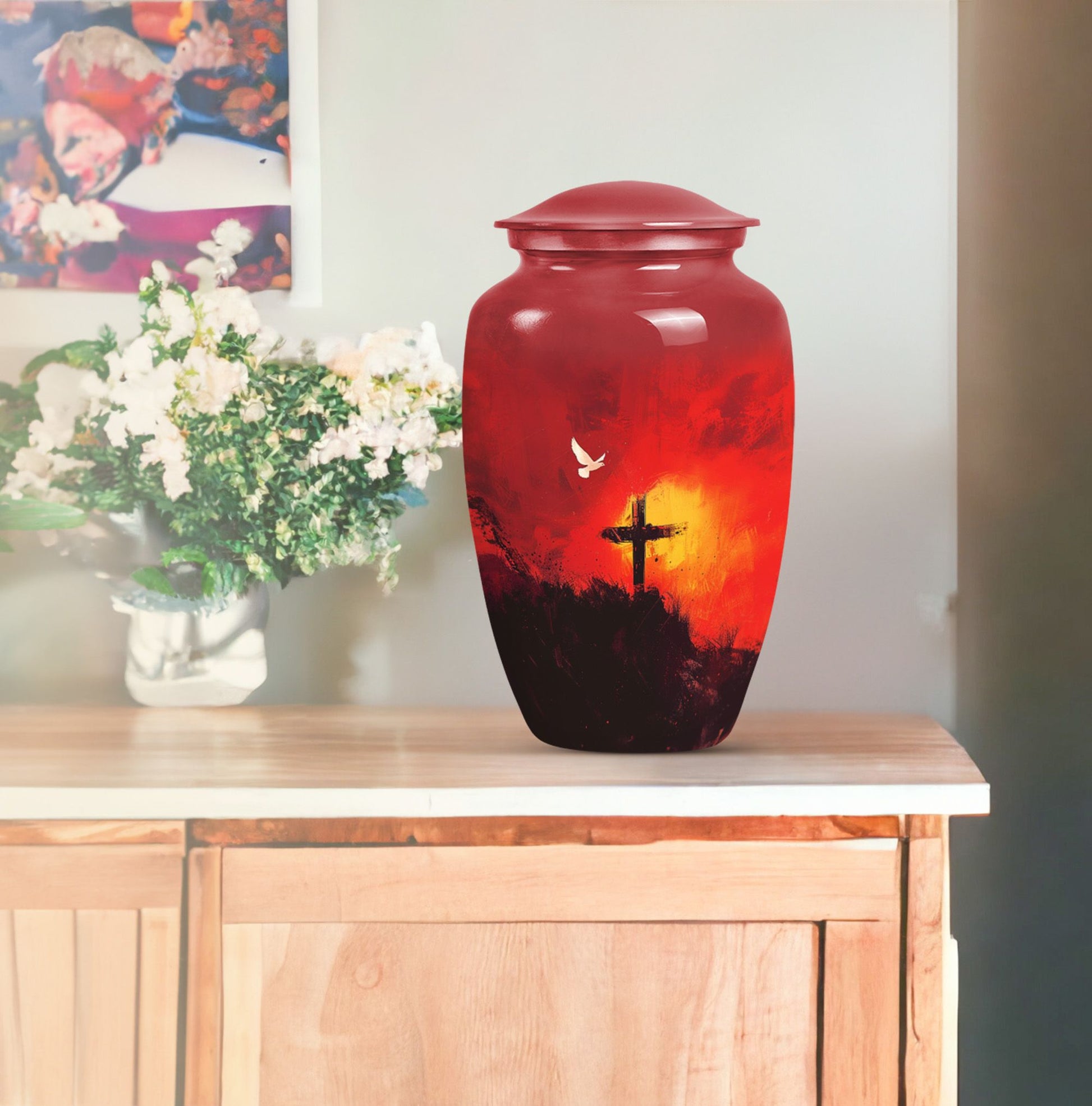 Aurora Borealis themed cross urn for adult human ashes