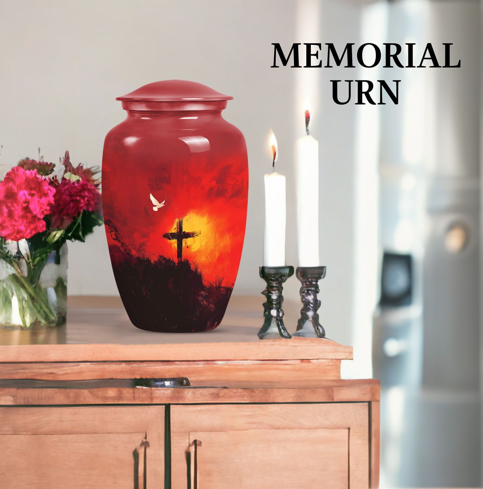 Aurora Borealis themed cross urn for adult human ashes