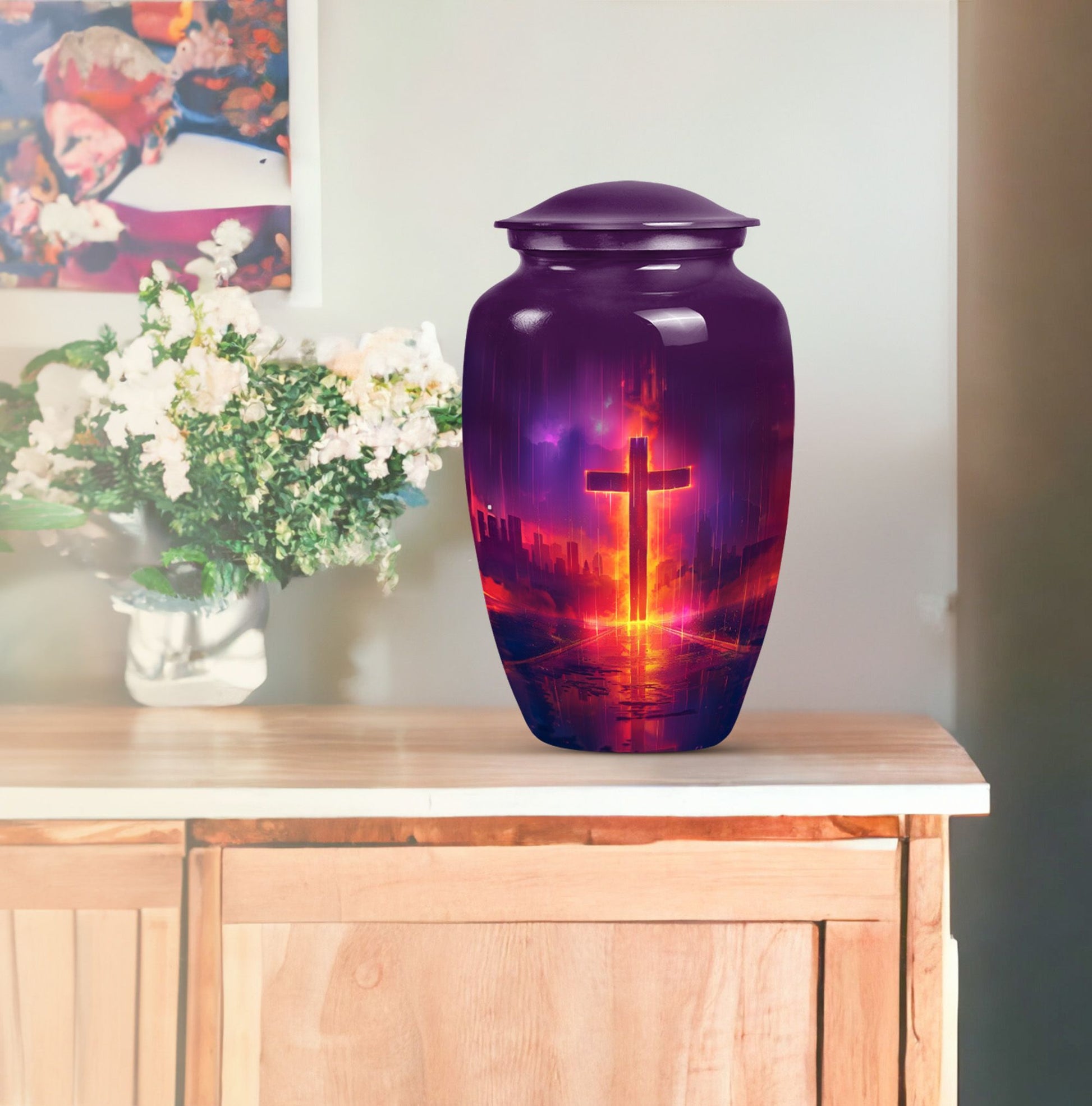 10-inch cremation urn for adult male, Aurora Borealis theme