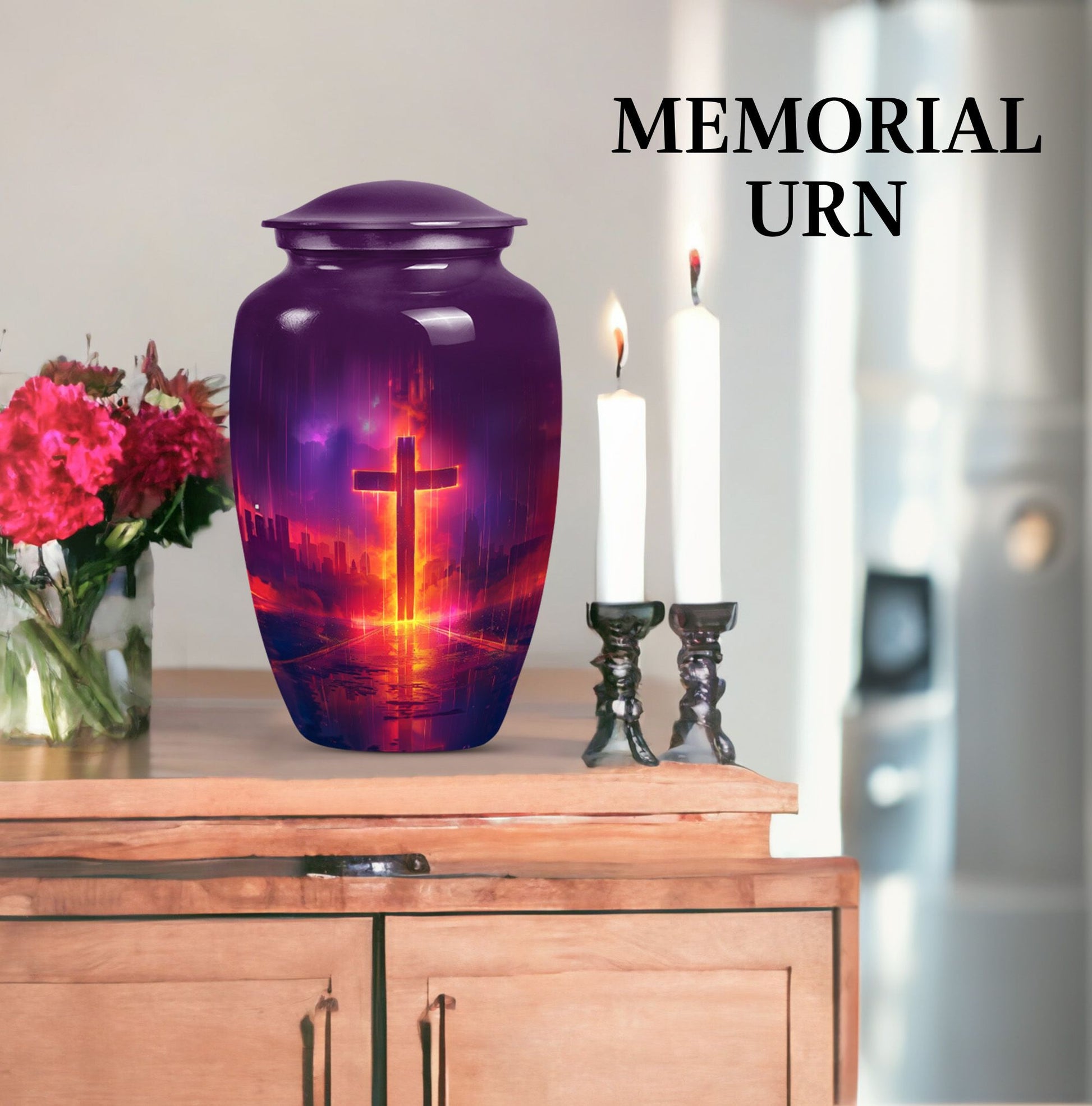 10-inch cremation urn for adult male, Aurora Borealis theme