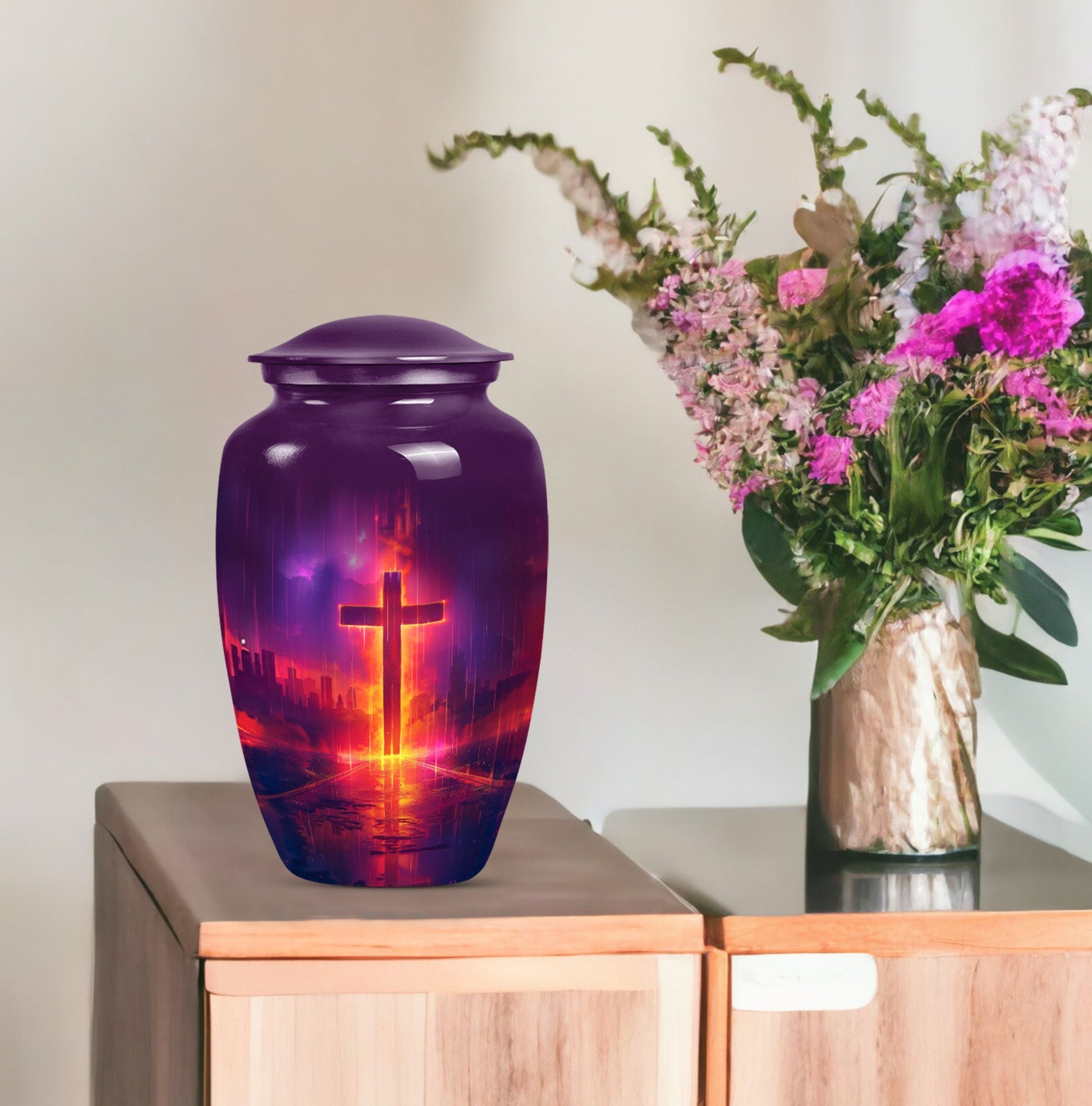 10-inch cremation urn for adult male, Aurora Borealis theme