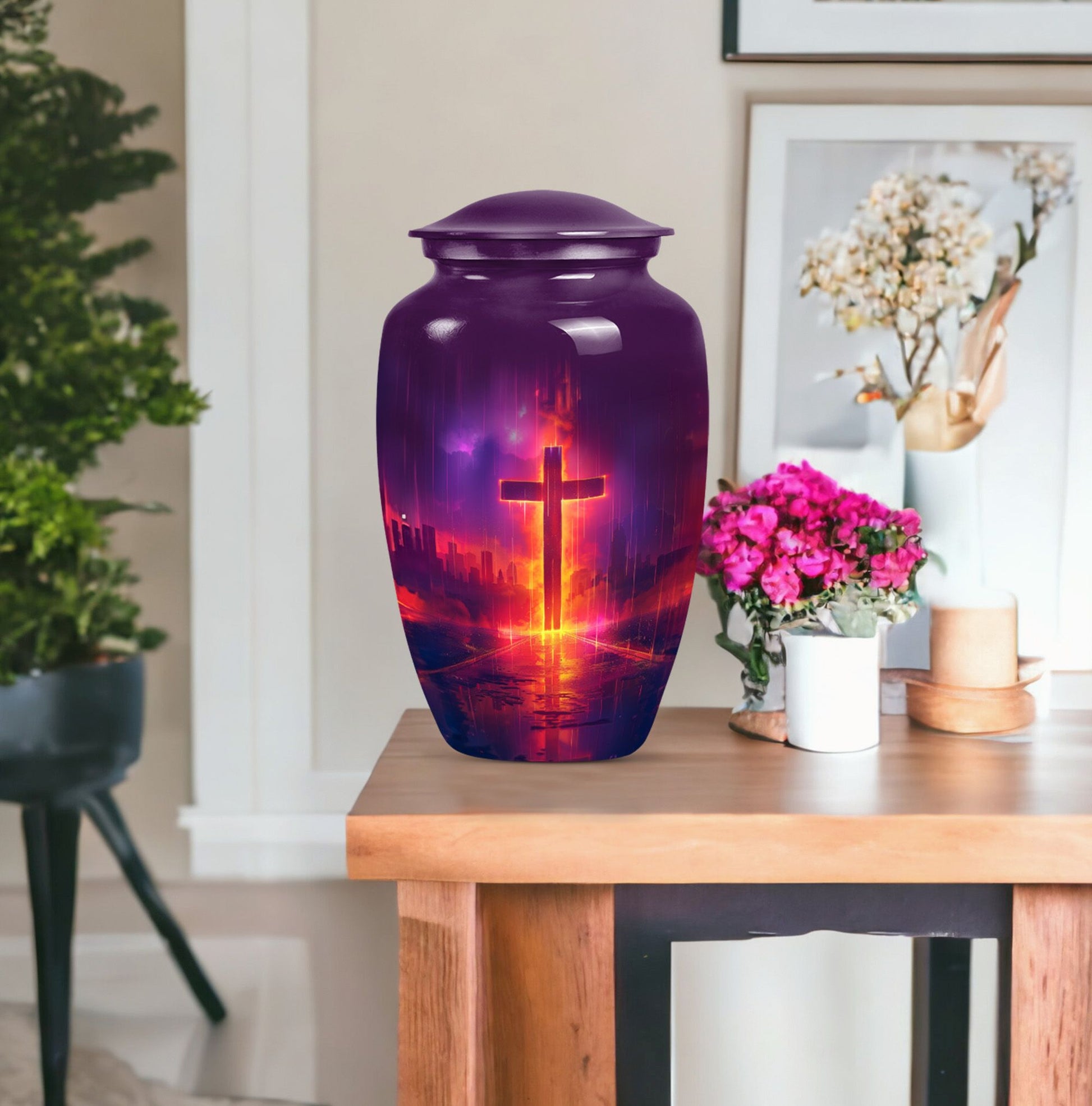 10-inch cremation urn for adult male, Aurora Borealis theme