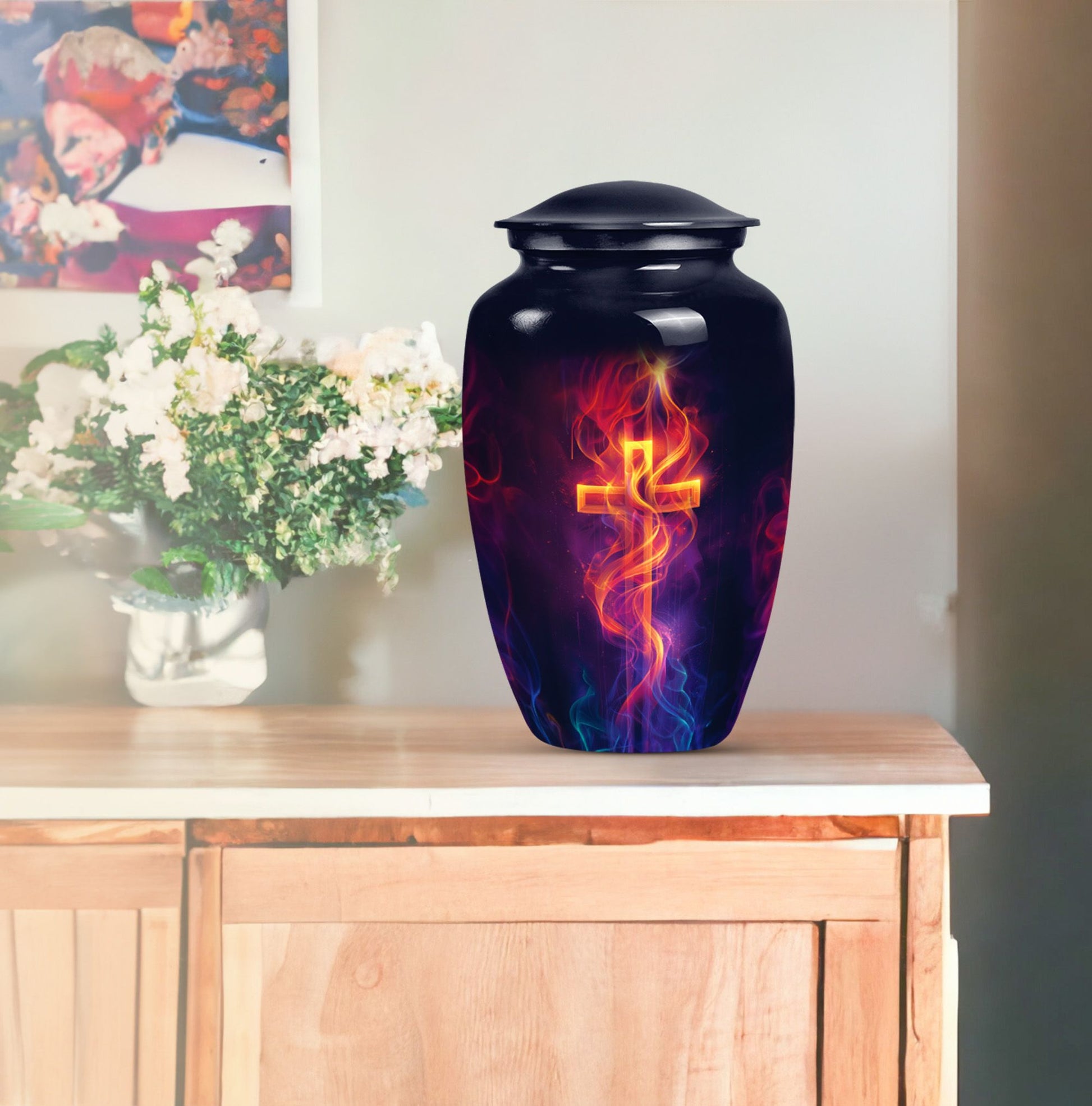 10-inch Classic Cross Urn in Aurora Borealis