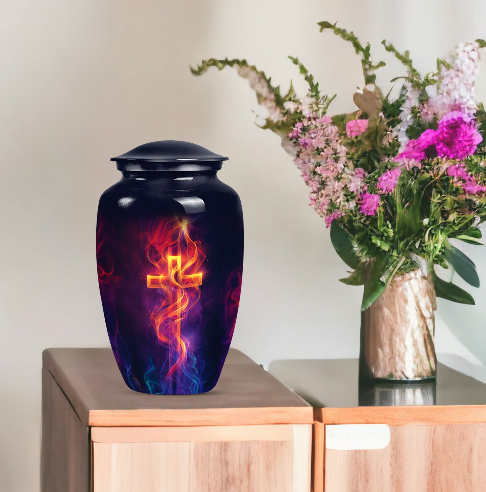 10-inch Classic Cross Urn in Aurora Borealis