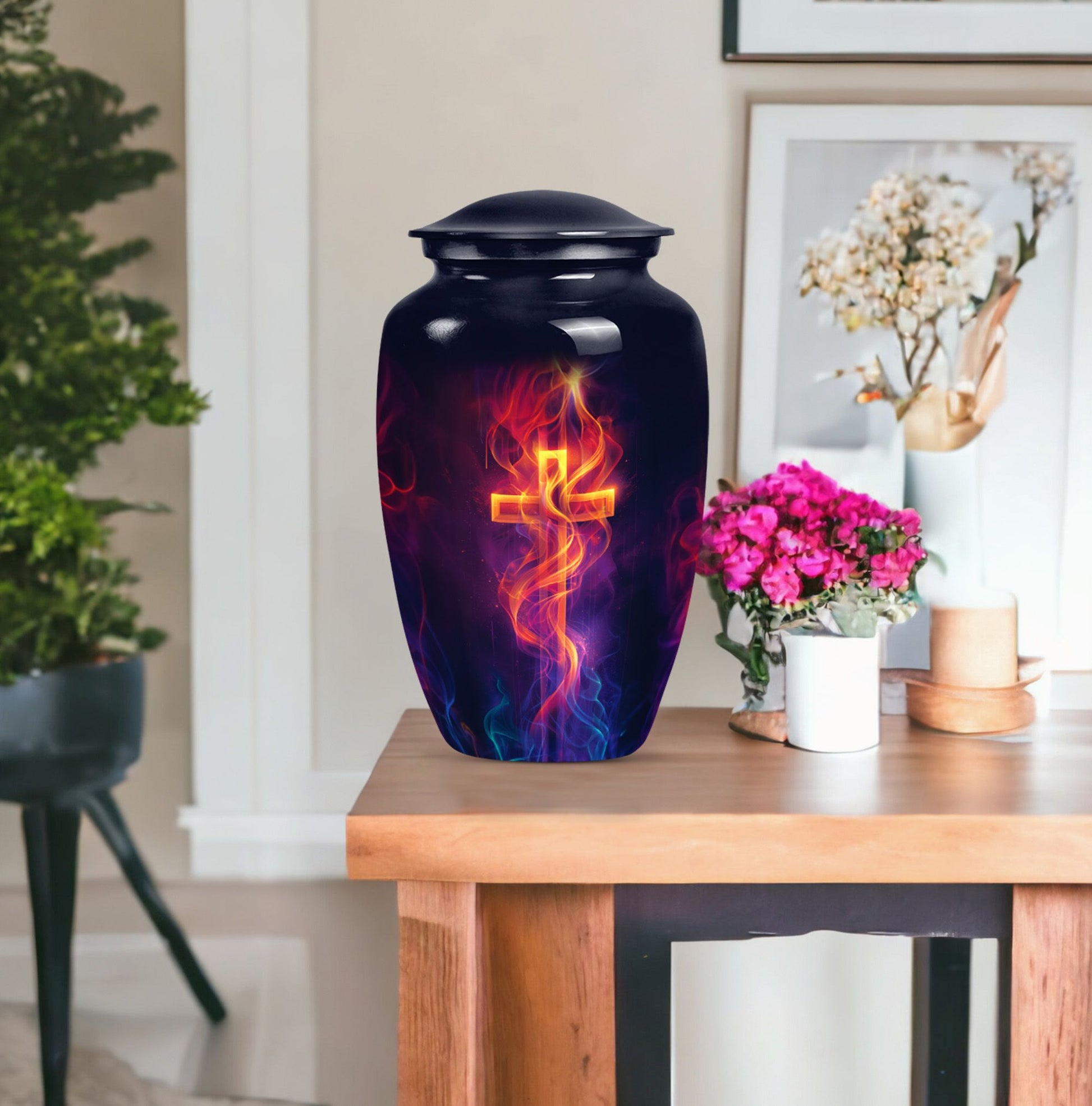 10-inch Classic Cross Urn in Aurora Borealis