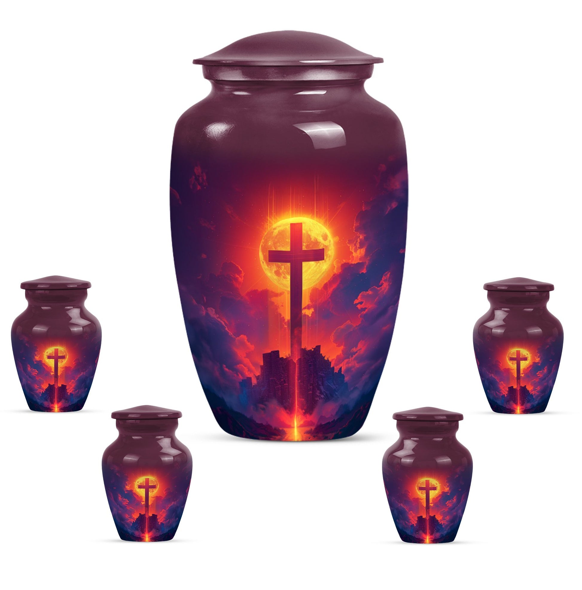 10-inch Classic Cross Urn, Aurora Borealis themed urn.