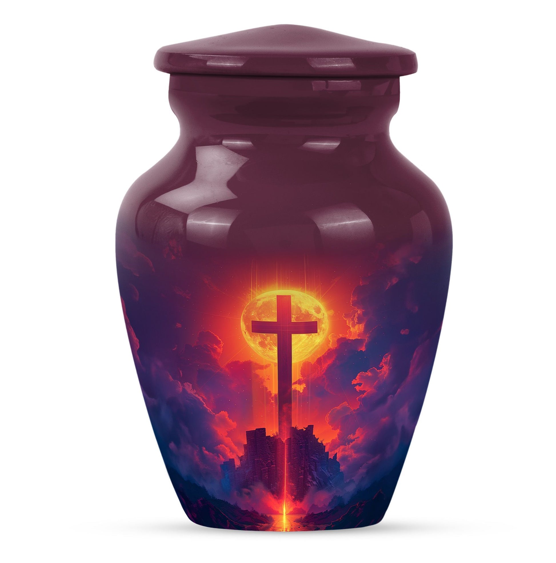 10-inch Classic Cross Urn, Aurora Borealis themed urn.