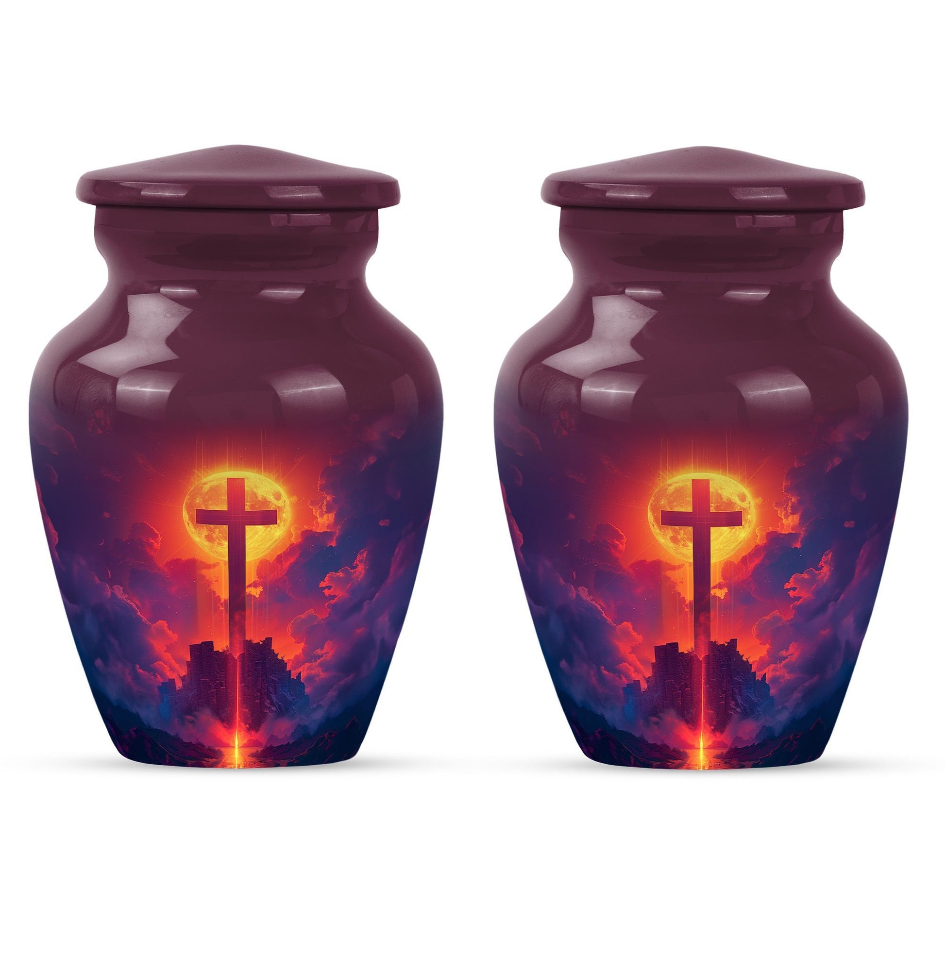 10-inch Classic Cross Urn, Aurora Borealis themed urn.