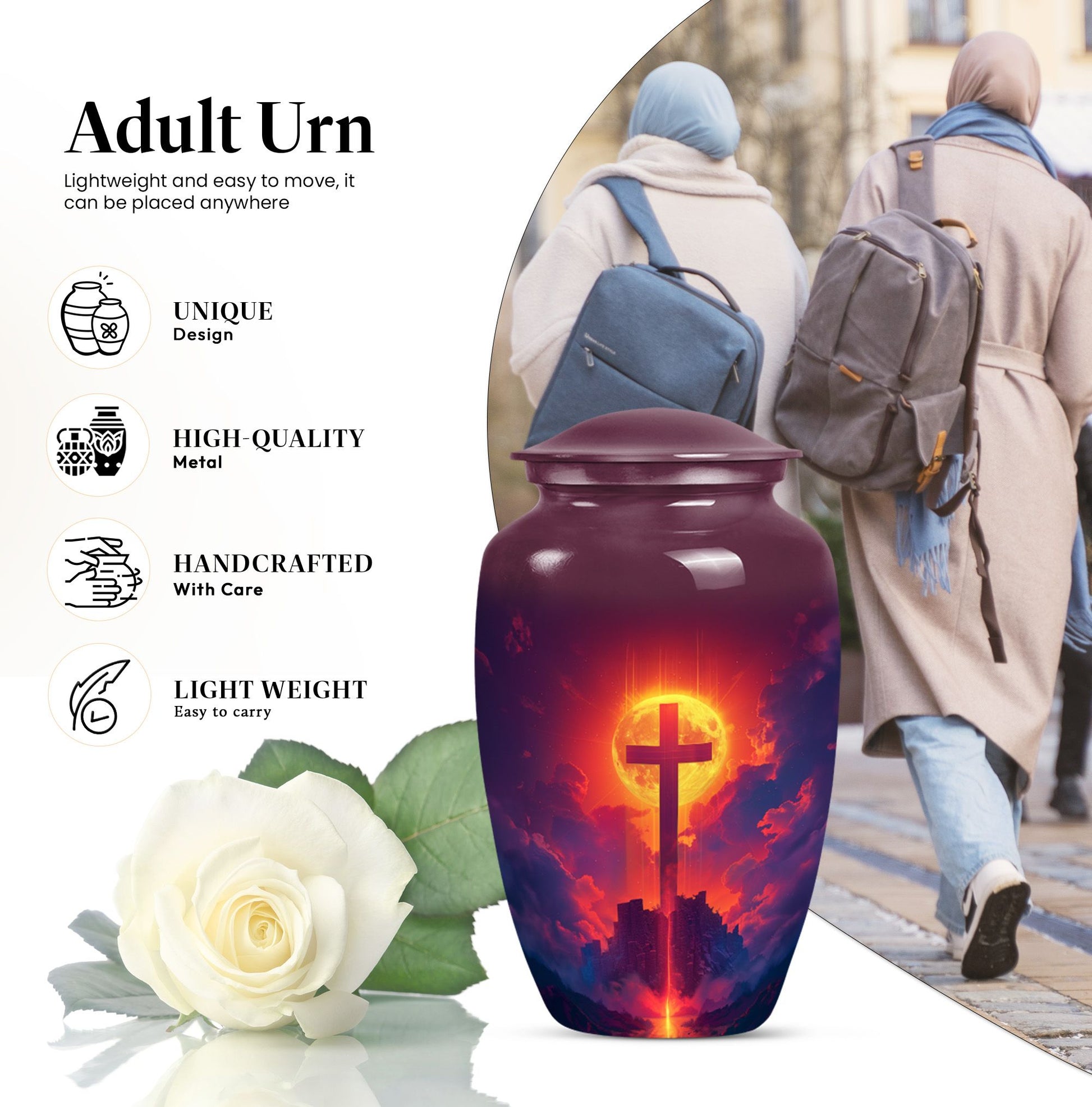 10-inch Classic Cross Urn, Aurora Borealis themed urn.